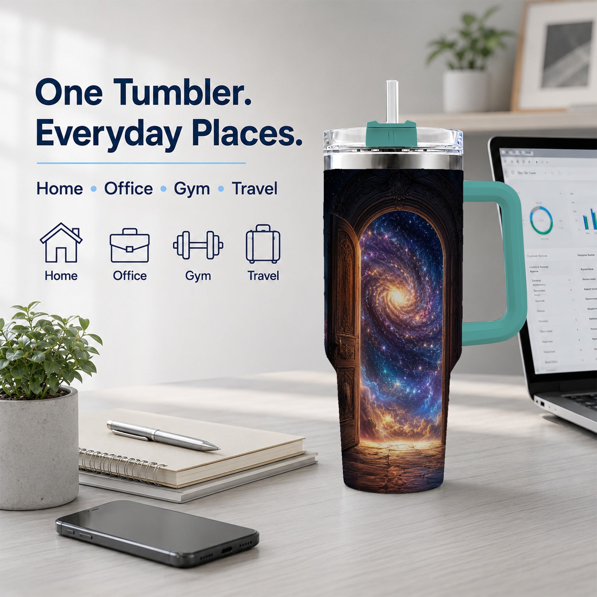 #pl[40oz|Green] Cosmic Doorway 40oz Tumbler with Handle, Galaxy Portal Art