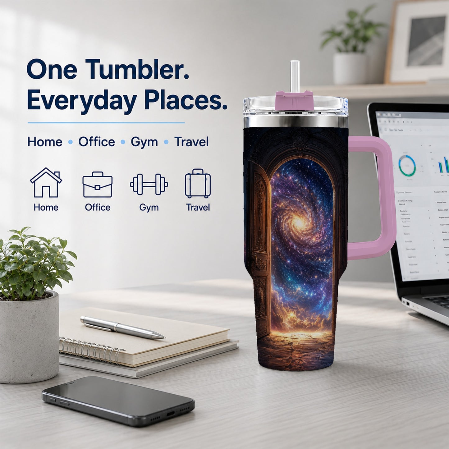 #pl[40oz|Pink] Cosmic Doorway 40oz Tumbler with Handle, Galaxy Portal Art