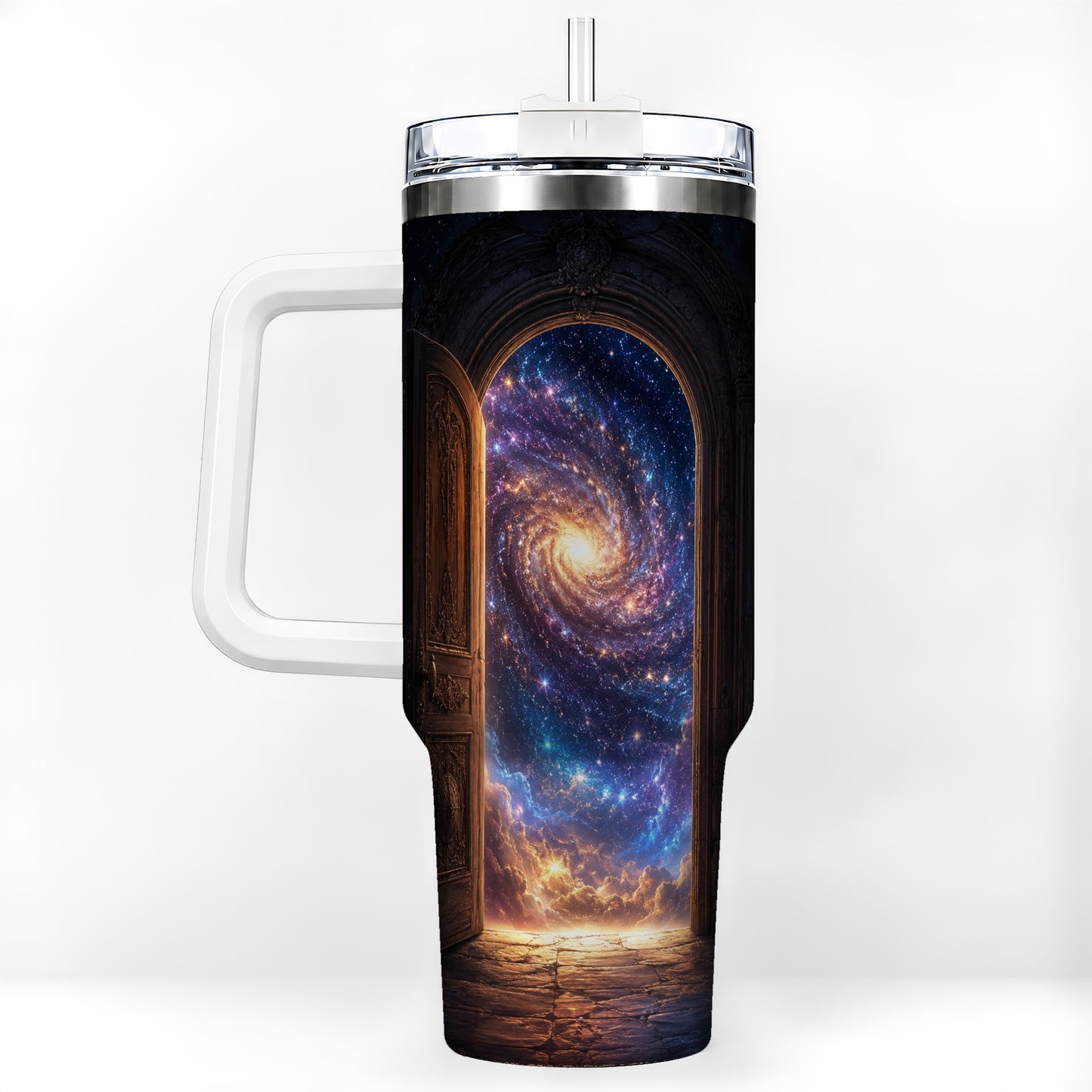 Cosmic Doorway 40oz Tumbler with Handle, Galaxy Portal Art