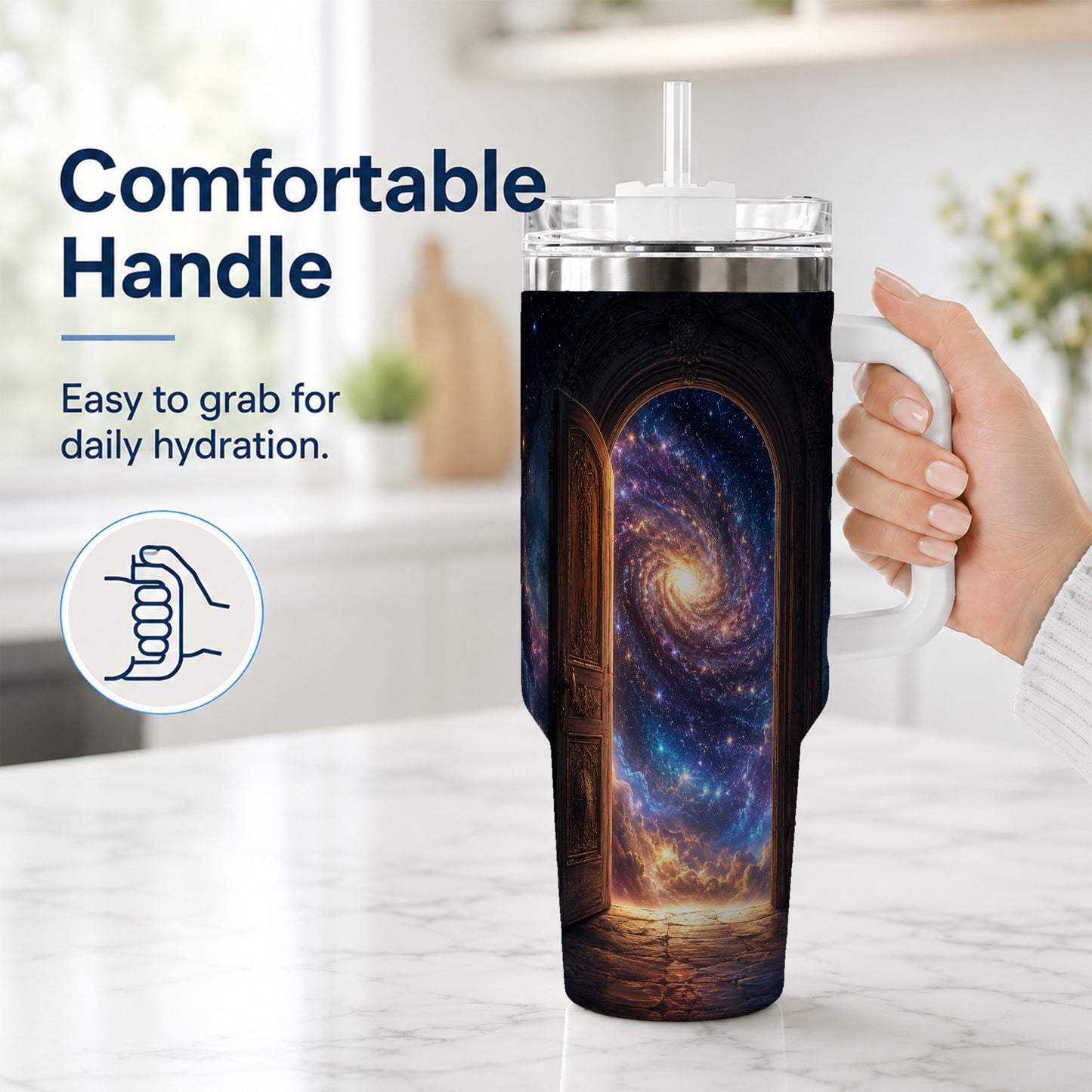 #pl[40oz|White] Cosmic Doorway 40oz Tumbler with Handle, Galaxy Portal Art
