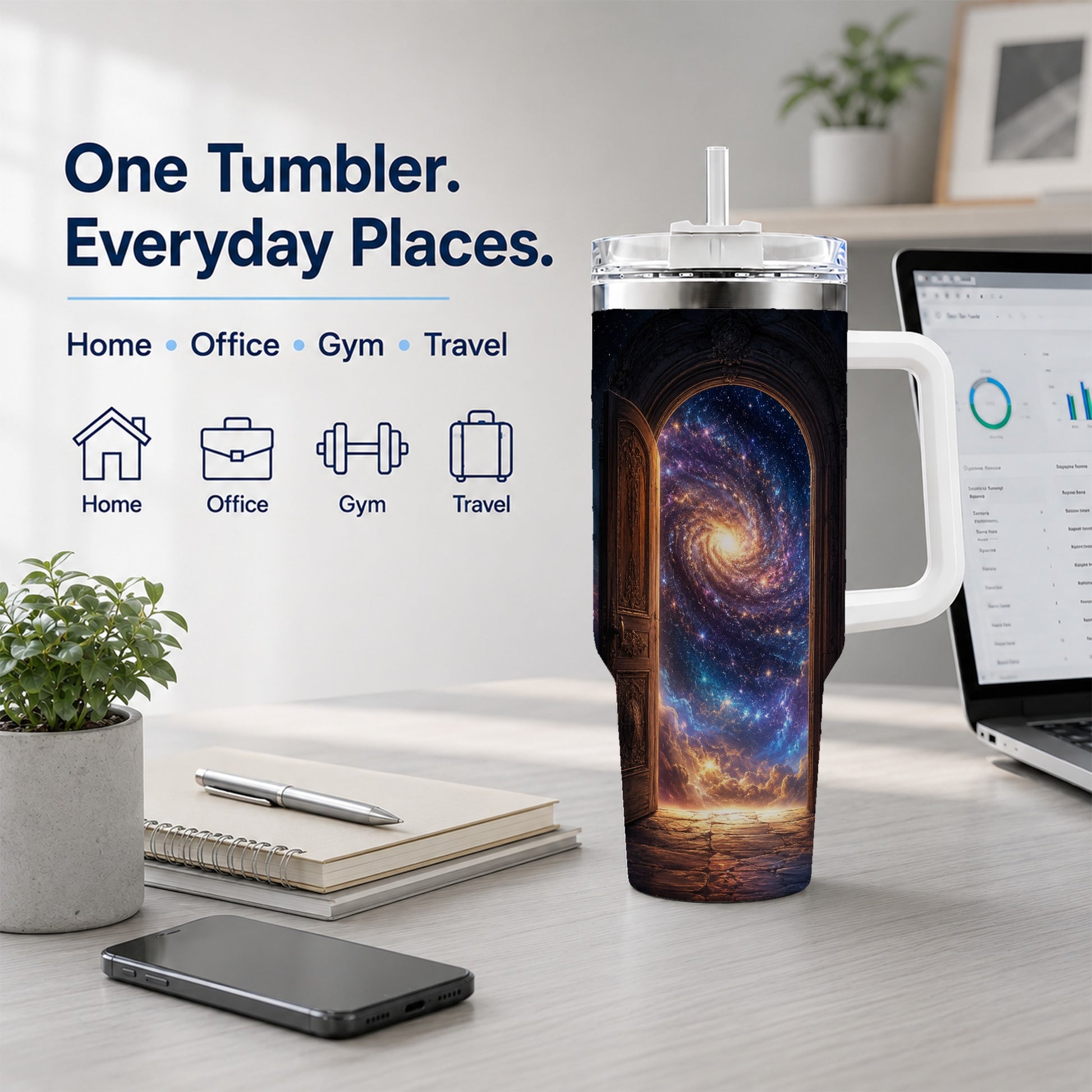 #pl[40oz|White] Cosmic Doorway 40oz Tumbler with Handle, Galaxy Portal Art