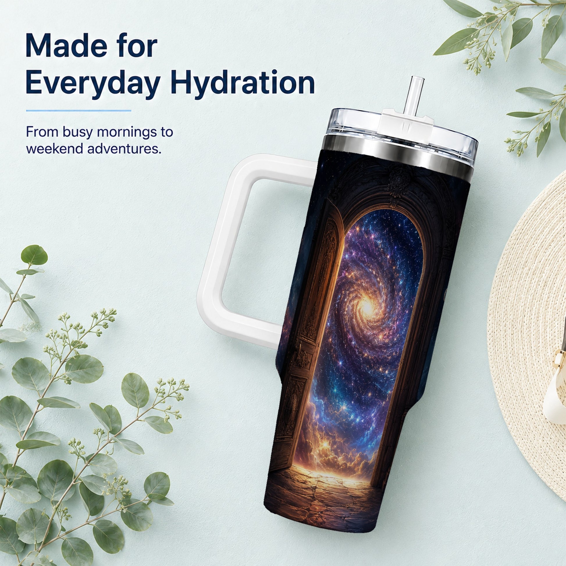 #pl[40oz|White] Cosmic Doorway 40oz Tumbler with Handle, Galaxy Portal Art