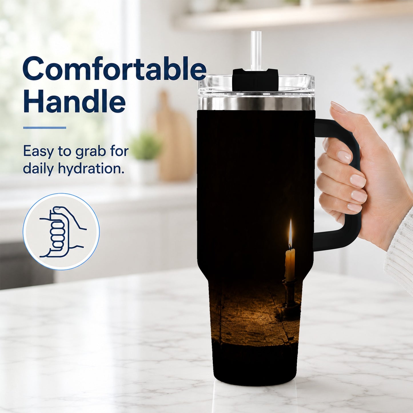 #pl[40oz|Black] Candlelight 40oz Tumbler with Handle, Dark Cozy Still Life