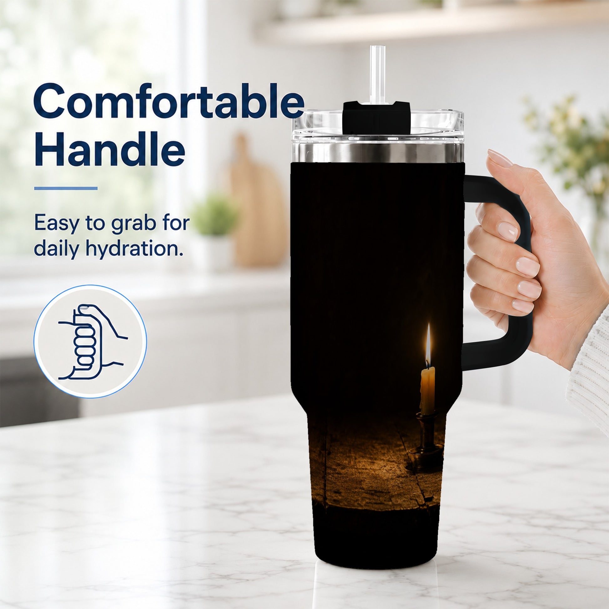 #pl[40oz|Black] Candlelight 40oz Tumbler with Handle, Dark Cozy Still Life