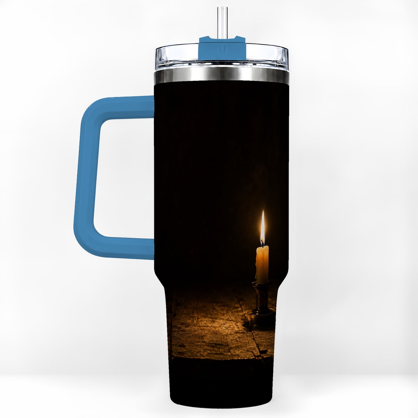 #pl[40oz|Blue] Candlelight 40oz Tumbler with Handle, Dark Cozy Still Life