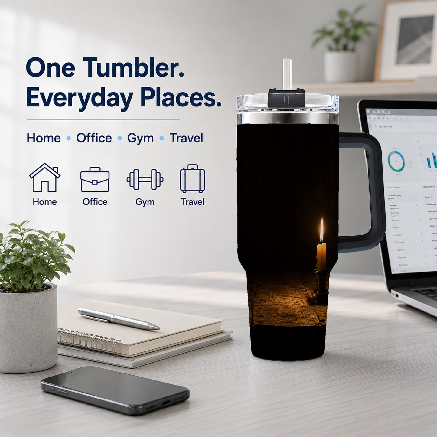 #pl[40oz|Black] Candlelight 40oz Tumbler with Handle, Dark Cozy Still Life