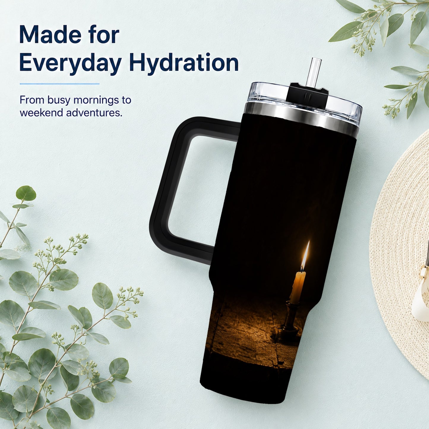 #pl[40oz|Black] Candlelight 40oz Tumbler with Handle, Dark Cozy Still Life