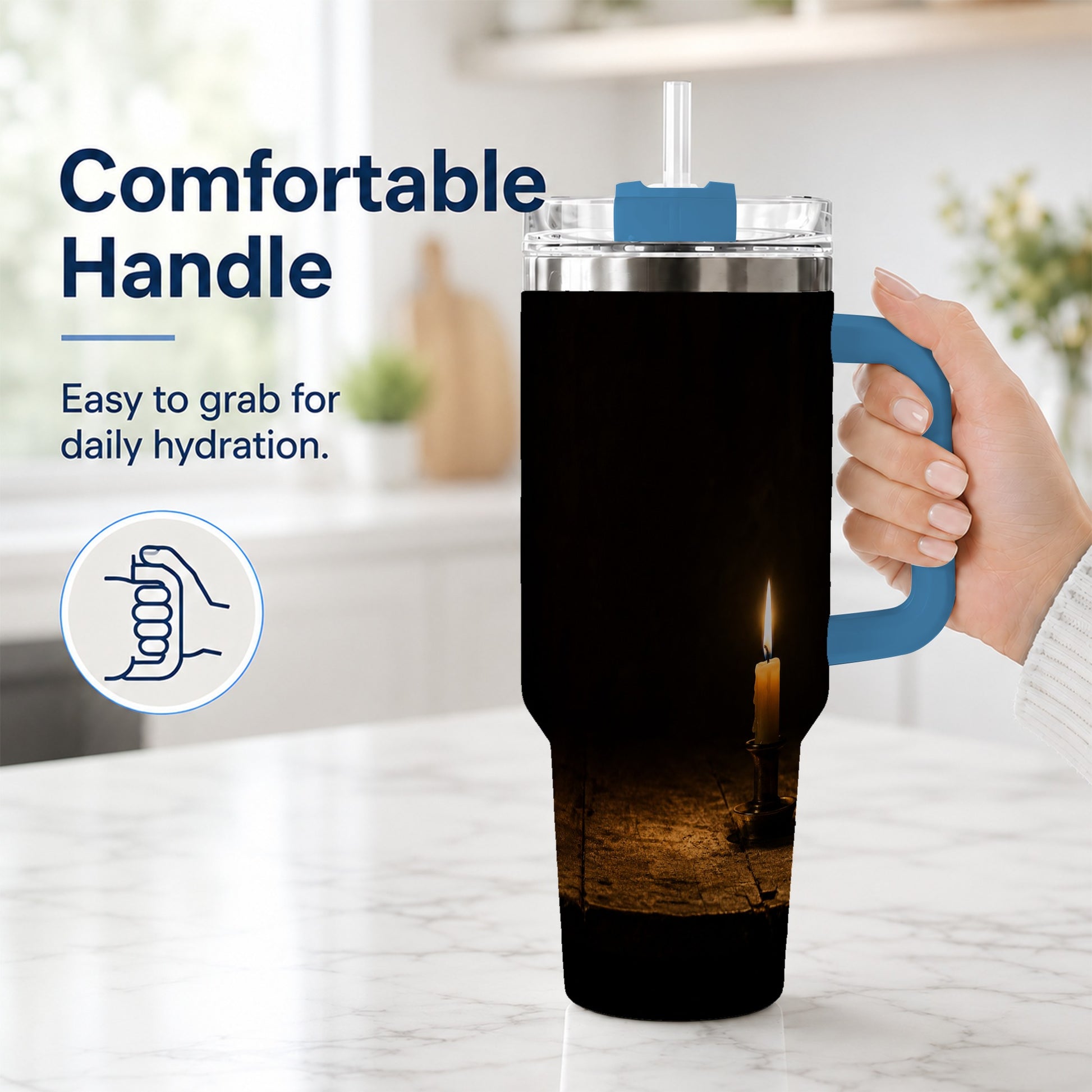 #pl[40oz|Blue] Candlelight 40oz Tumbler with Handle, Dark Cozy Still Life
