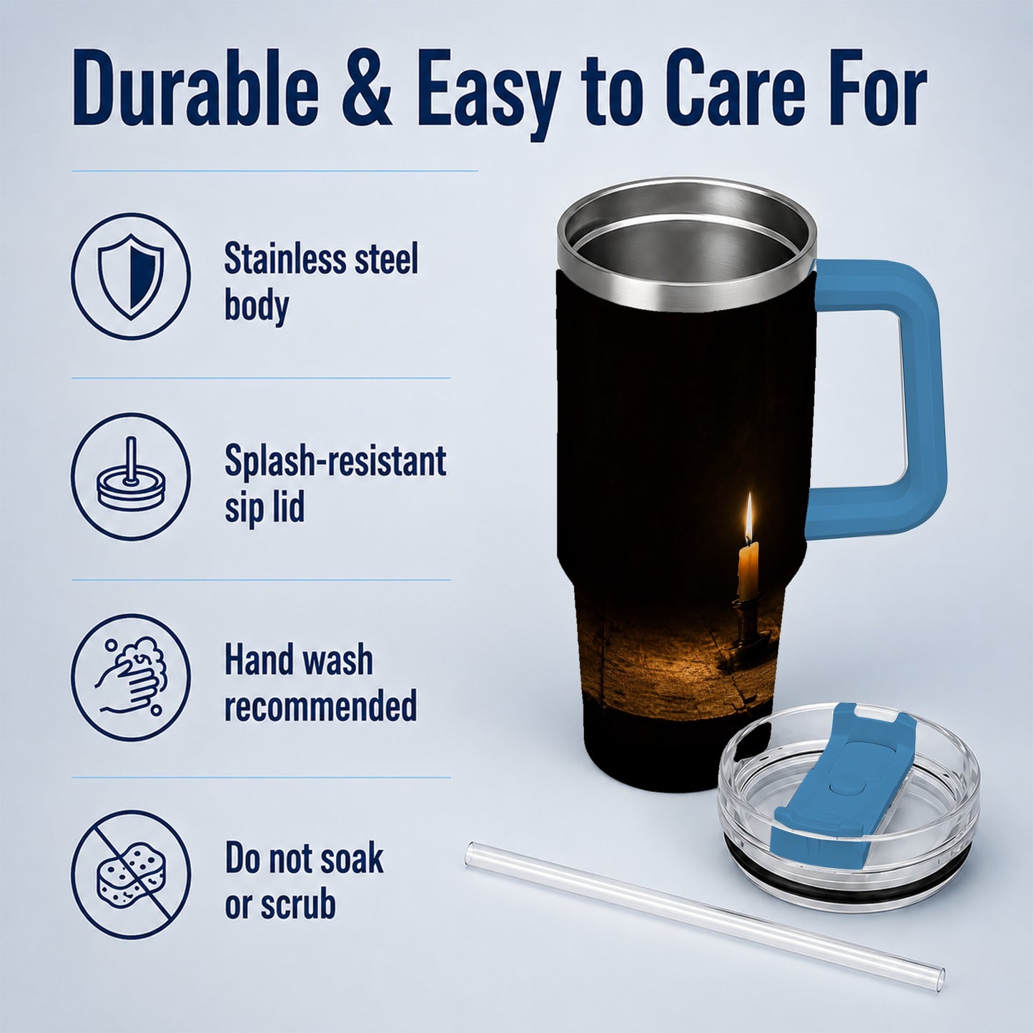 #pl[40oz|Blue] Candlelight 40oz Tumbler with Handle, Dark Cozy Still Life