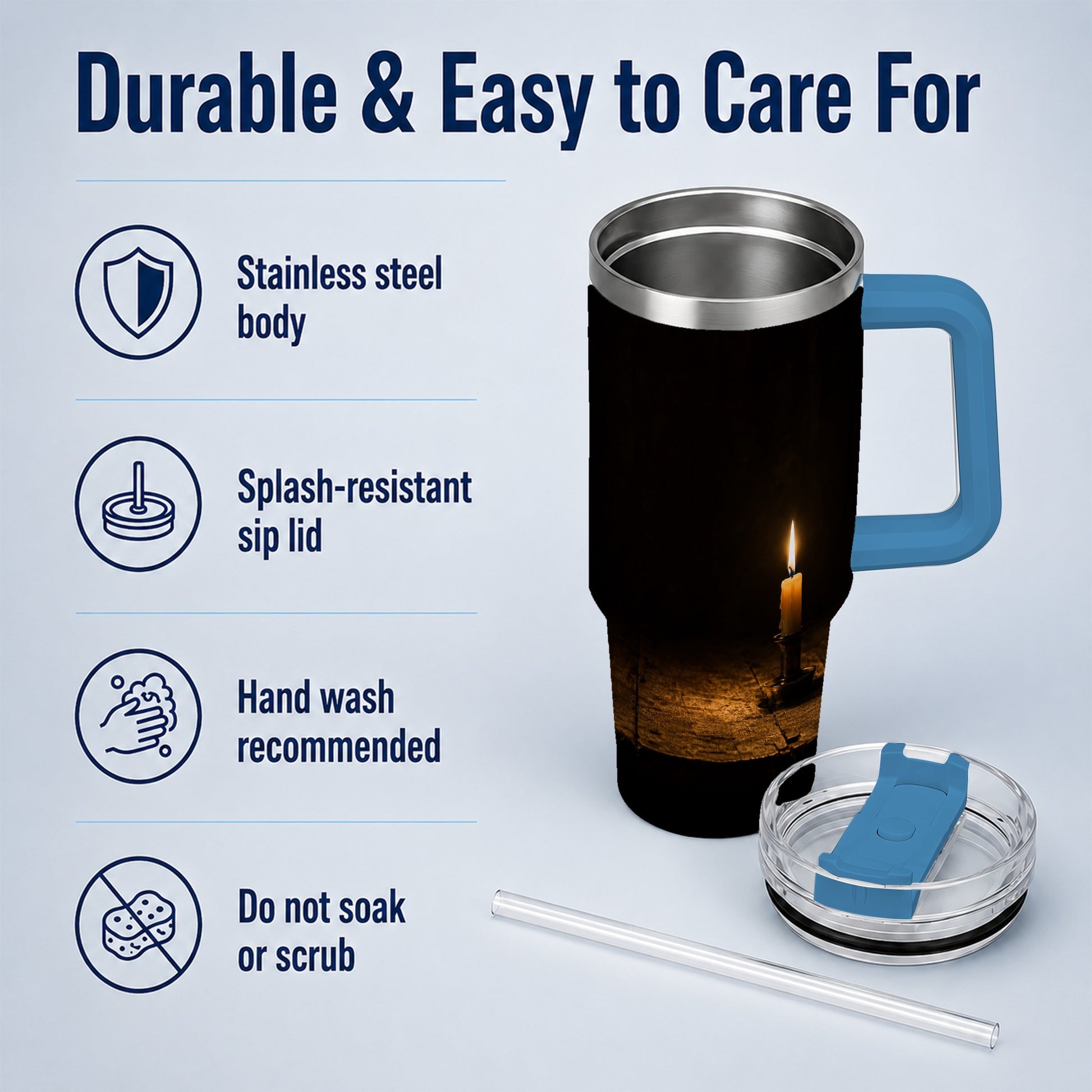 #pl[40oz|Blue] Candlelight 40oz Tumbler with Handle, Dark Cozy Still Life