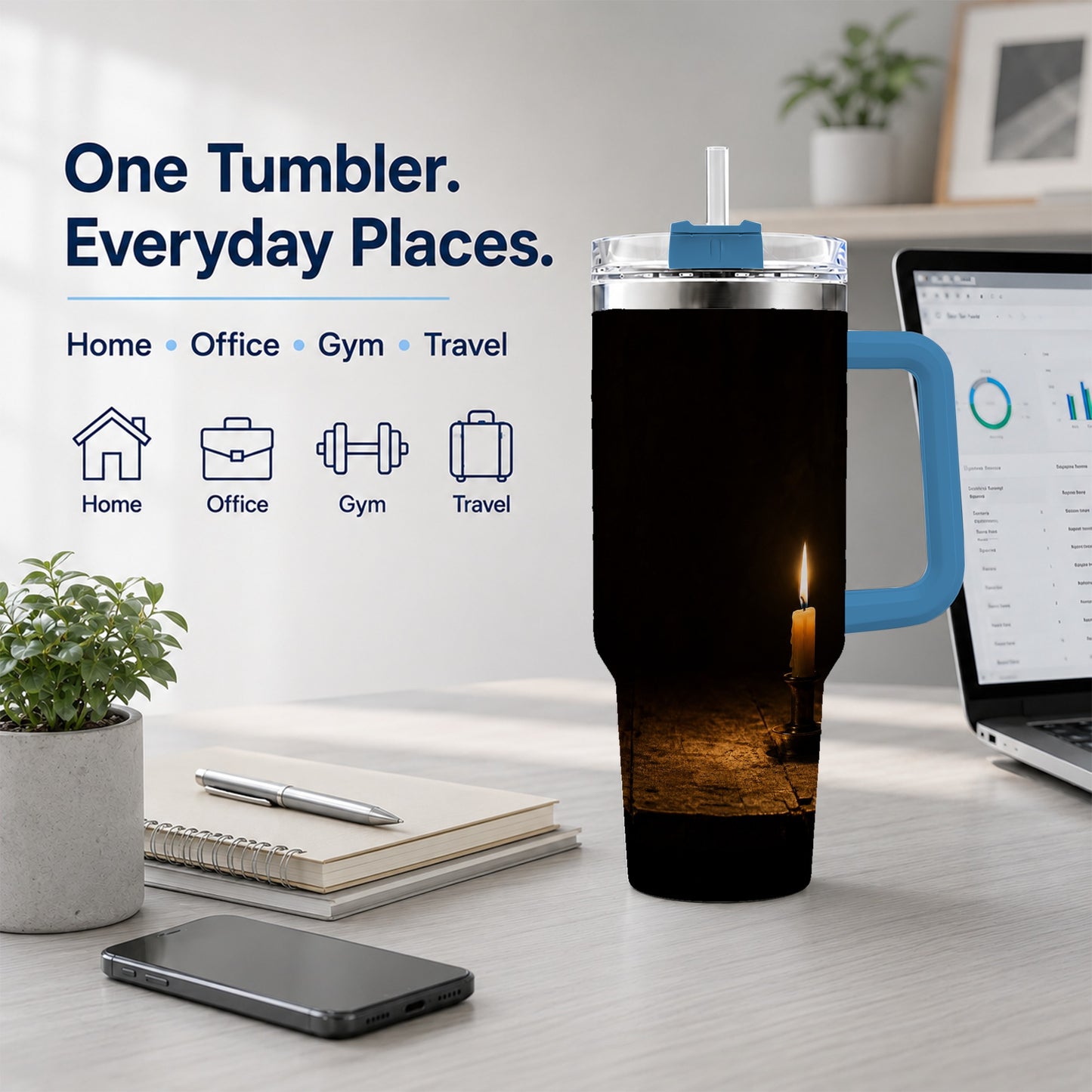 #pl[40oz|Blue] Candlelight 40oz Tumbler with Handle, Dark Cozy Still Life