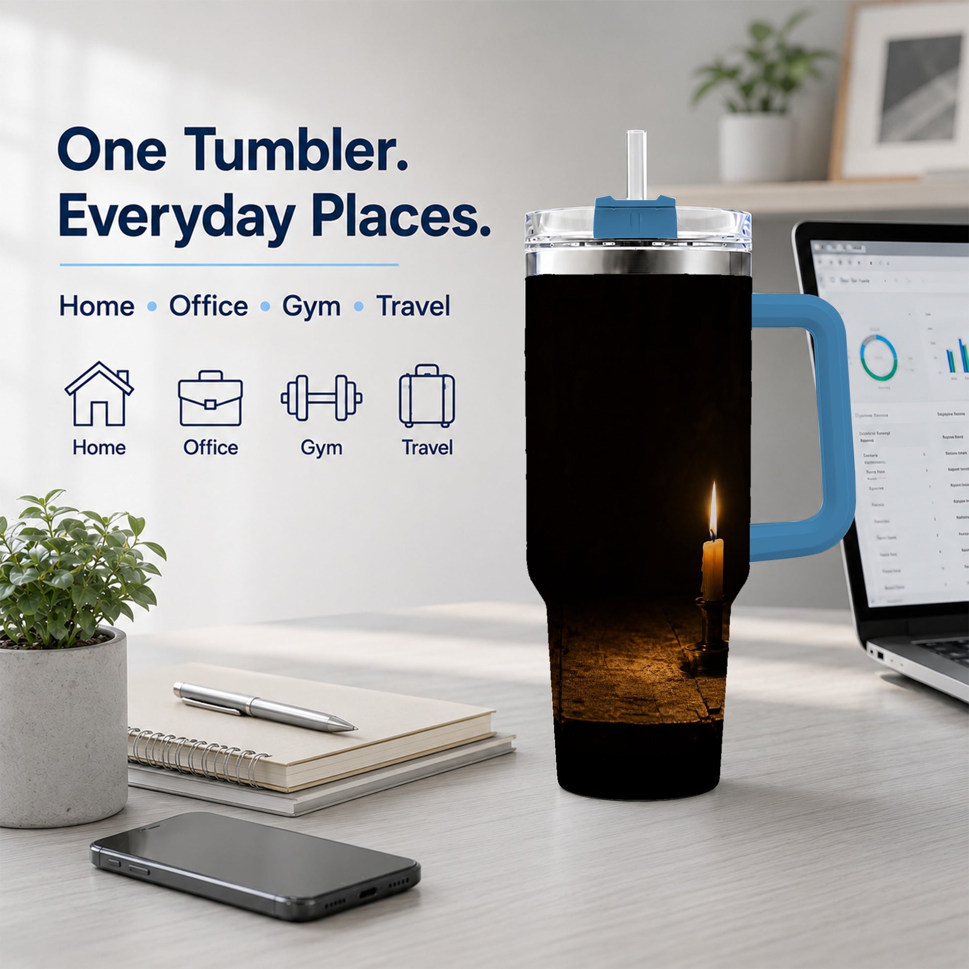 #pl[40oz|Blue] Candlelight 40oz Tumbler with Handle, Dark Cozy Still Life