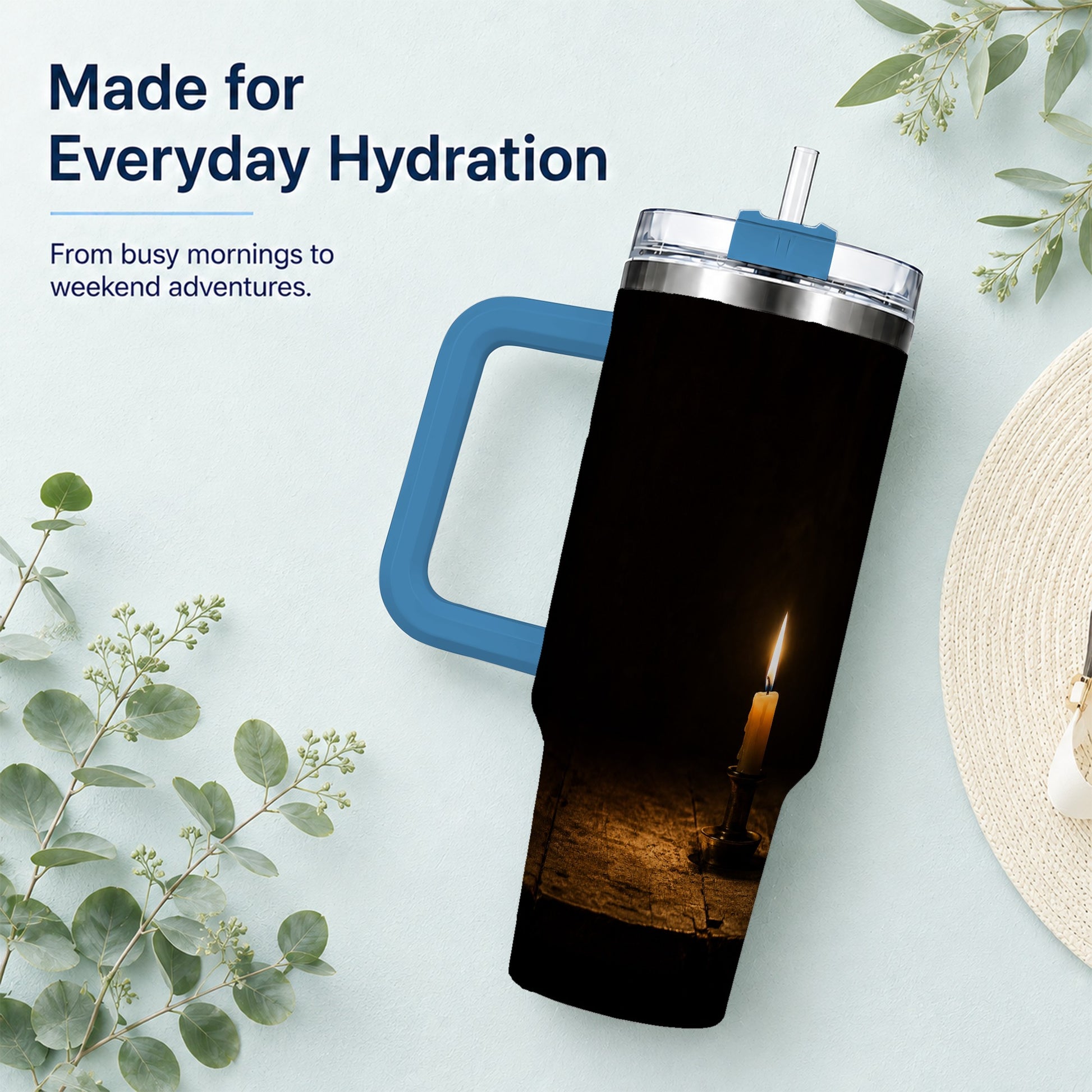#pl[40oz|Blue] Candlelight 40oz Tumbler with Handle, Dark Cozy Still Life