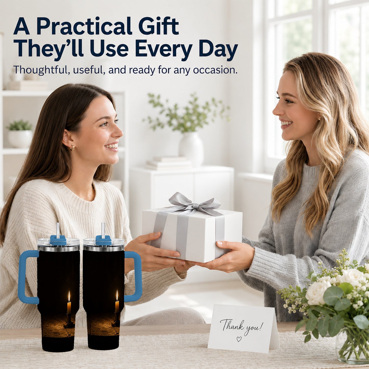 #pl[40oz|Blue] Candlelight 40oz Tumbler with Handle, Dark Cozy Still Life