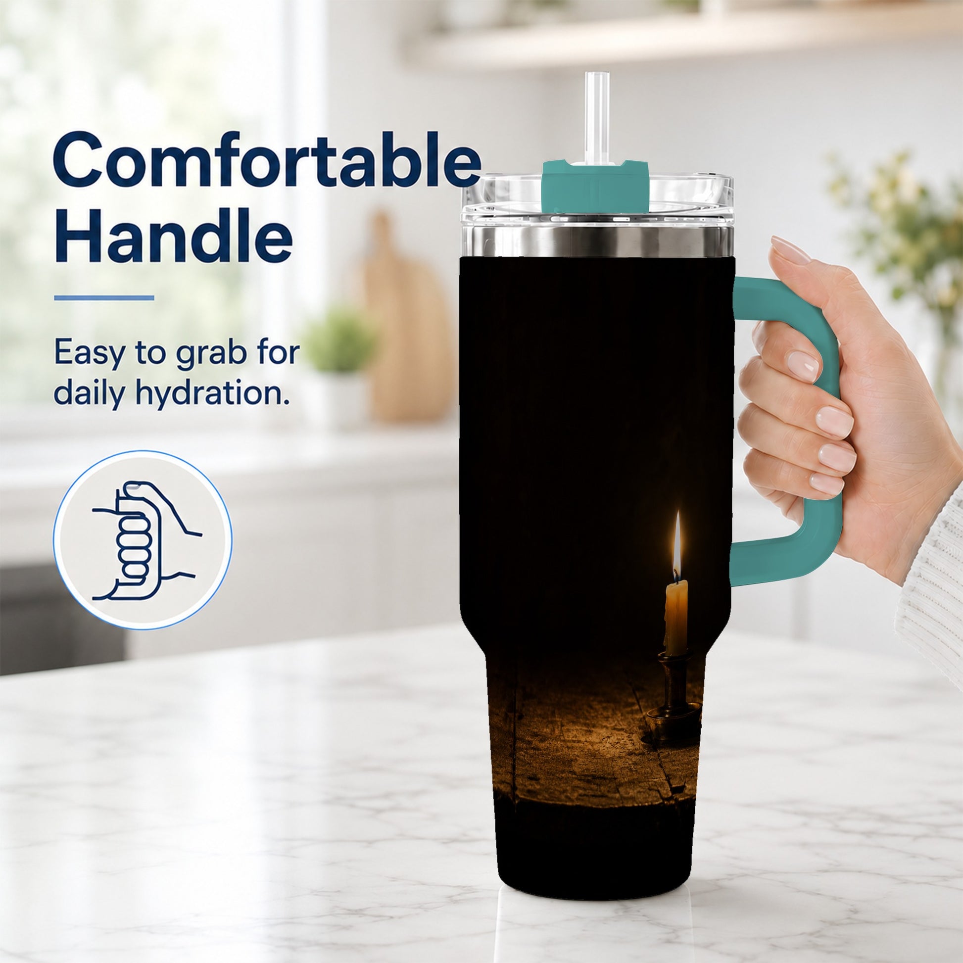 #pl[40oz|Green] Candlelight 40oz Tumbler with Handle, Dark Cozy Still Life