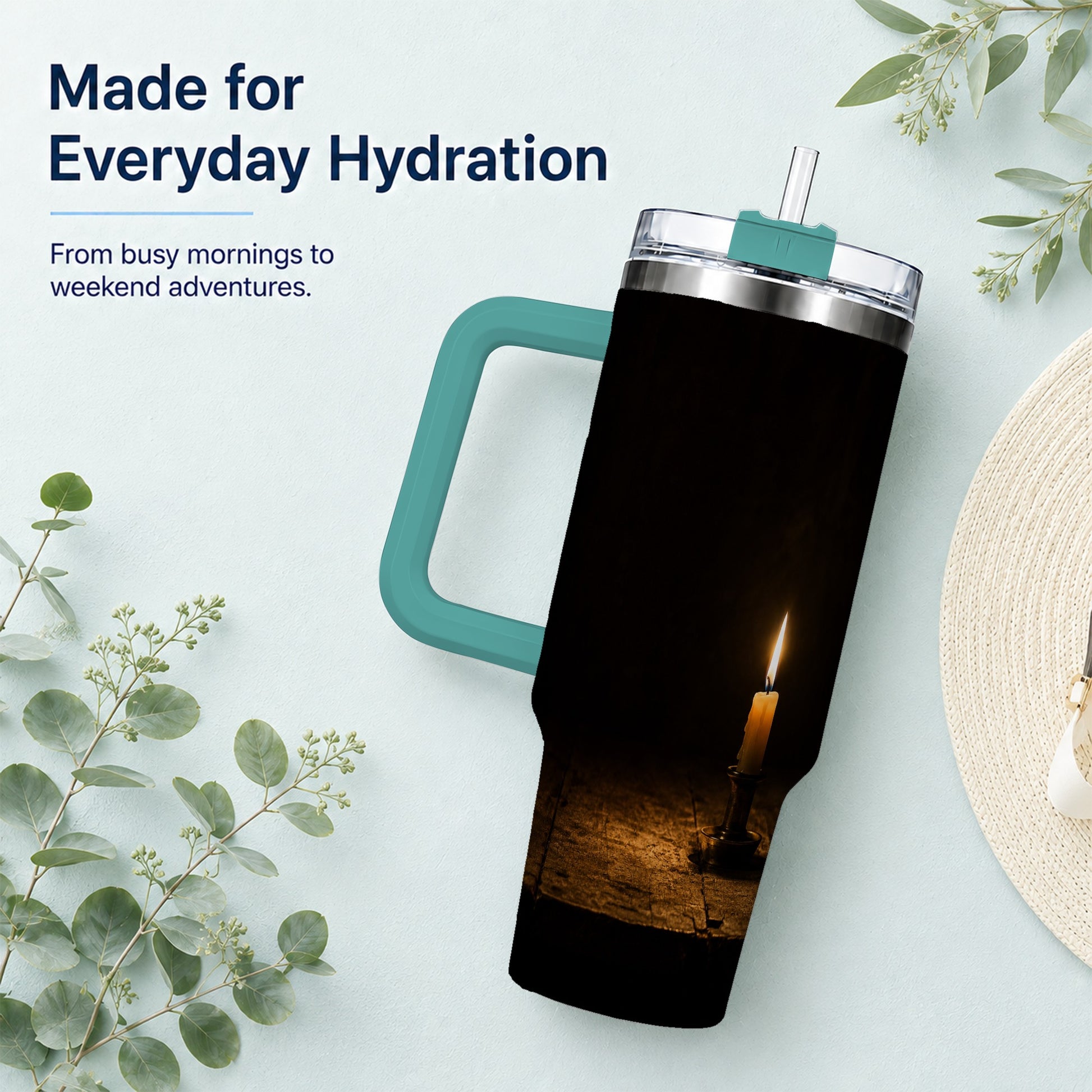 #pl[40oz|Green] Candlelight 40oz Tumbler with Handle, Dark Cozy Still Life