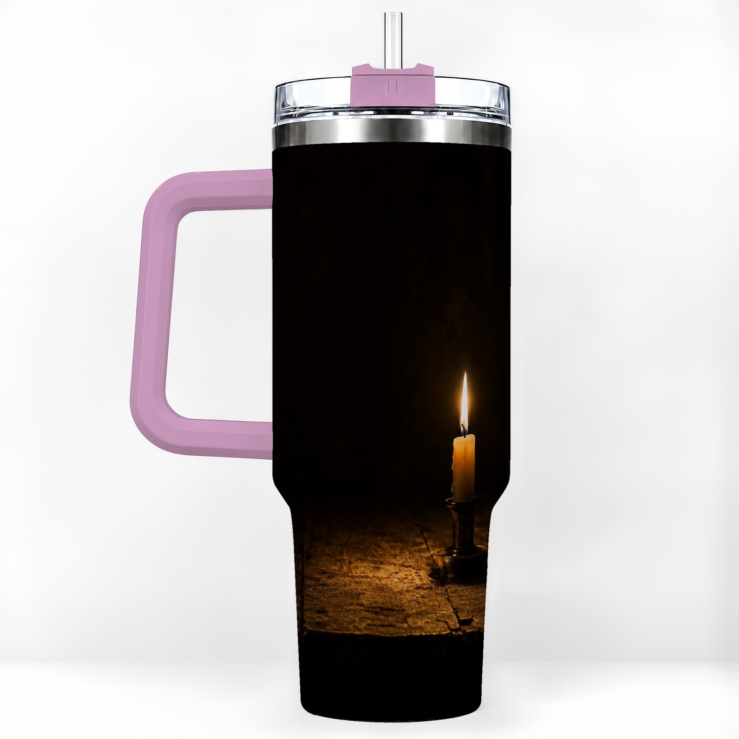 #pl[40oz|Pink] Candlelight 40oz Tumbler with Handle, Dark Cozy Still Life