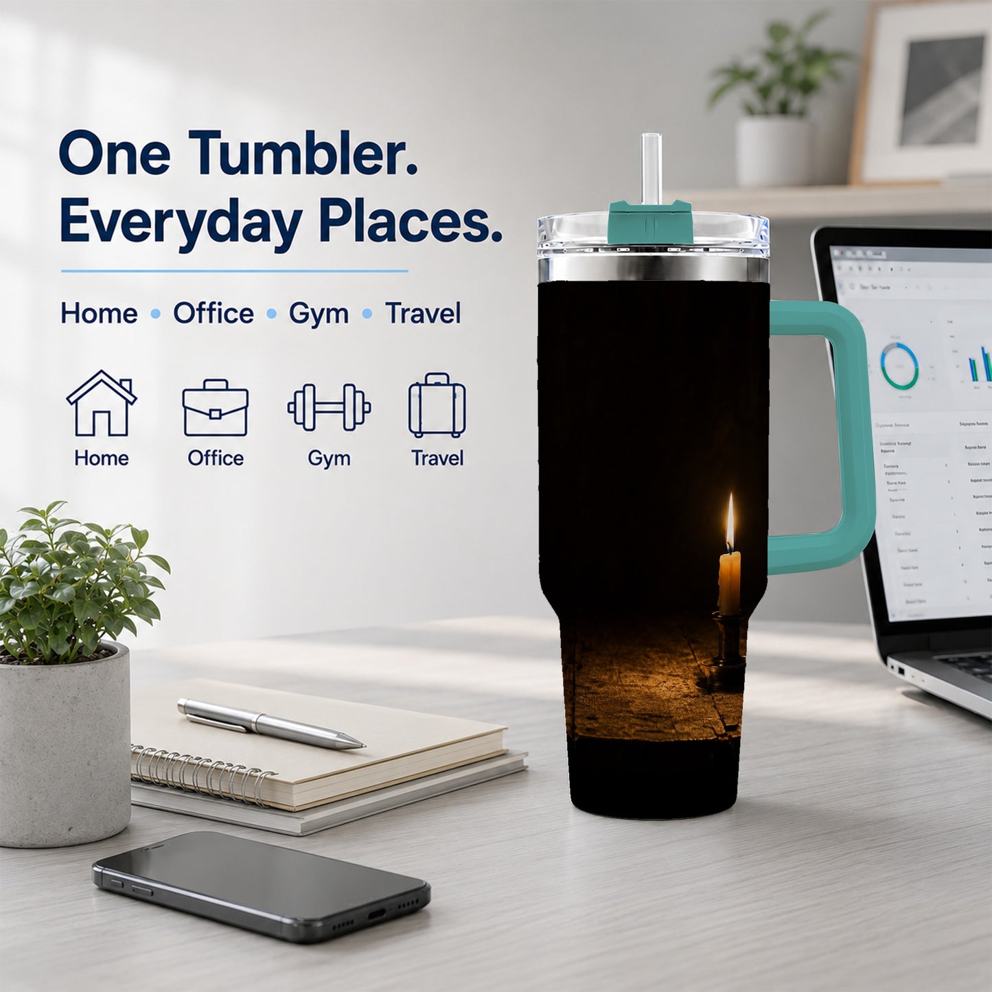#pl[40oz|Green] Candlelight 40oz Tumbler with Handle, Dark Cozy Still Life