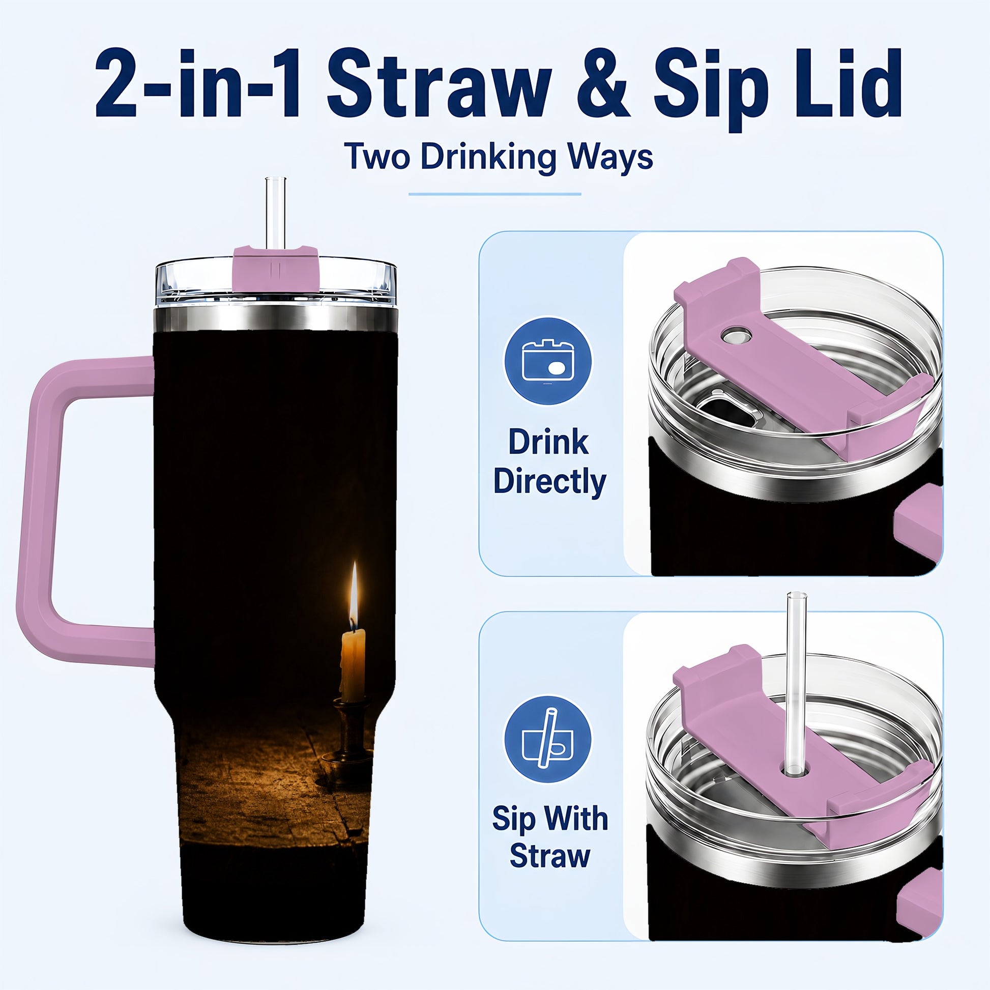#pl[40oz|Pink] Candlelight 40oz Tumbler with Handle, Dark Cozy Still Life
