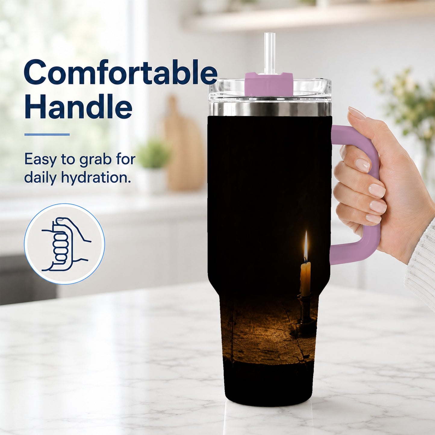 #pl[40oz|Pink] Candlelight 40oz Tumbler with Handle, Dark Cozy Still Life