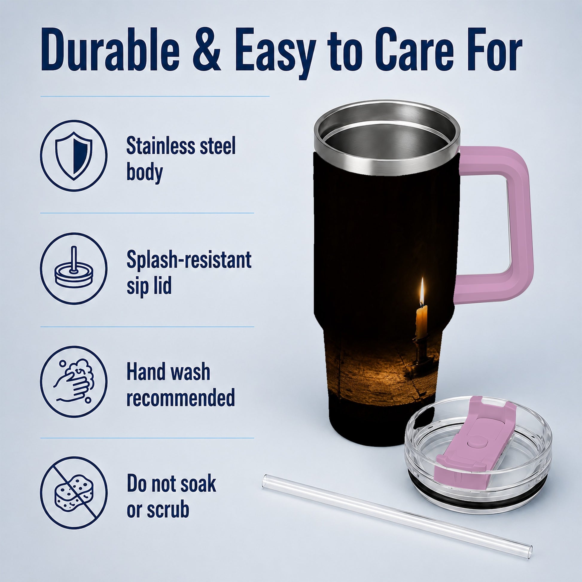 #pl[40oz|Pink] Candlelight 40oz Tumbler with Handle, Dark Cozy Still Life