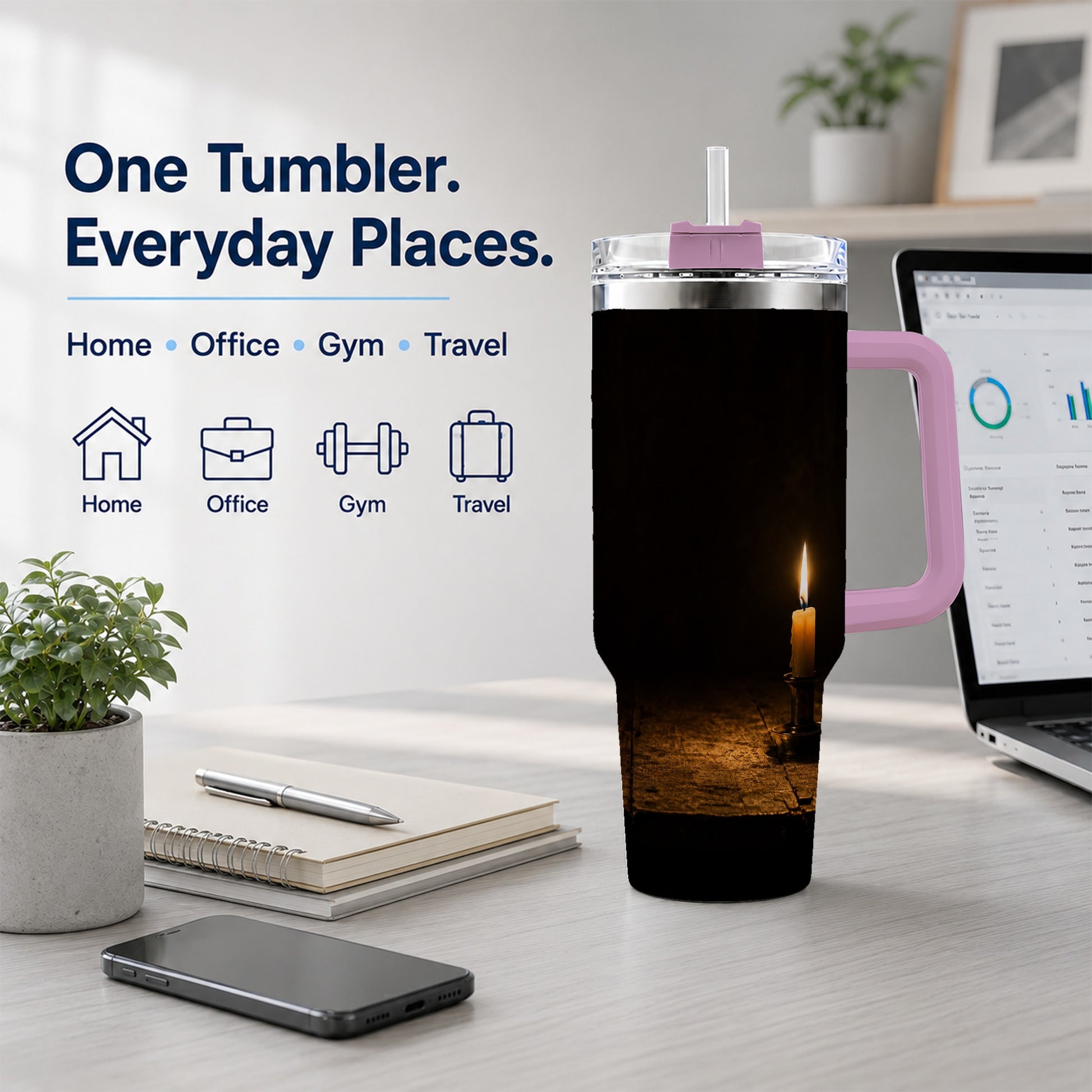 #pl[40oz|Pink] Candlelight 40oz Tumbler with Handle, Dark Cozy Still Life