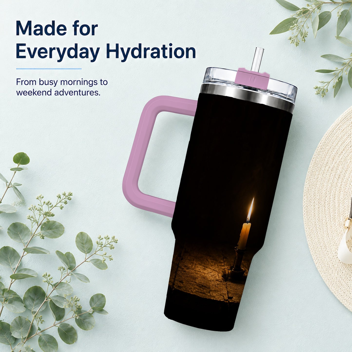 #pl[40oz|Pink] Candlelight 40oz Tumbler with Handle, Dark Cozy Still Life