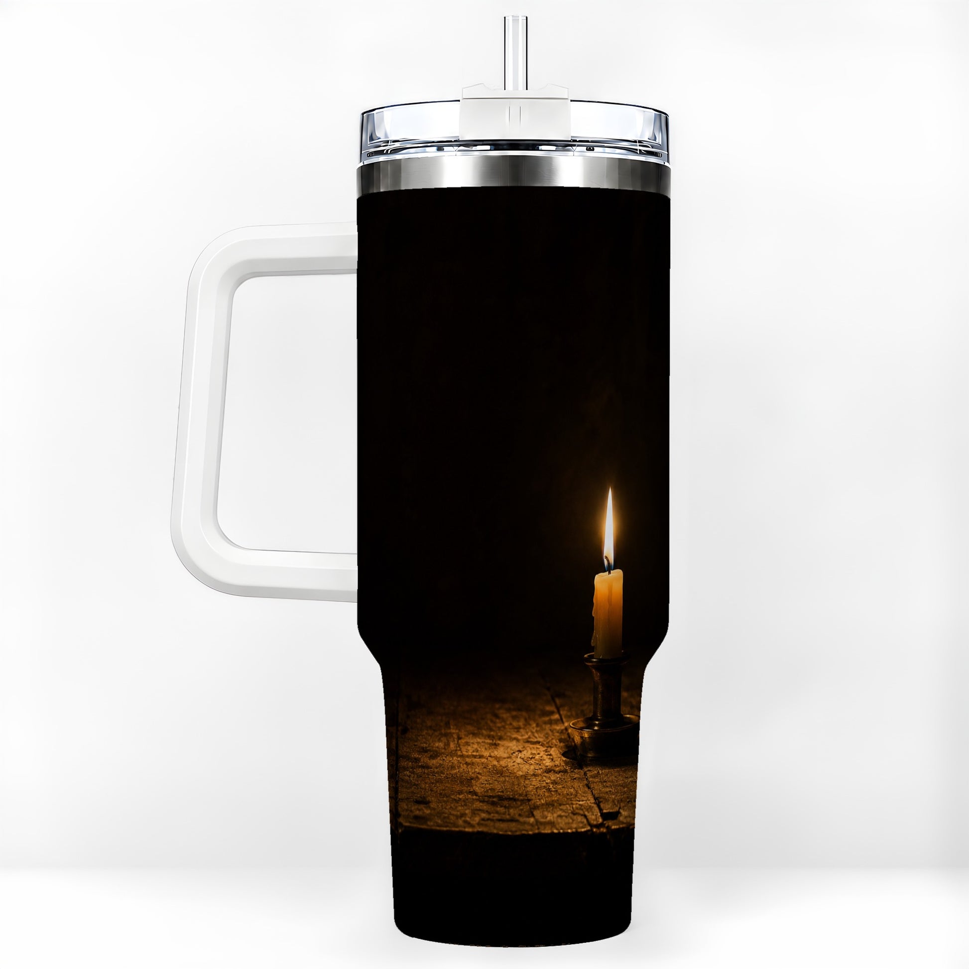 Candlelight 40oz Tumbler with Handle, Dark Cozy Still Life