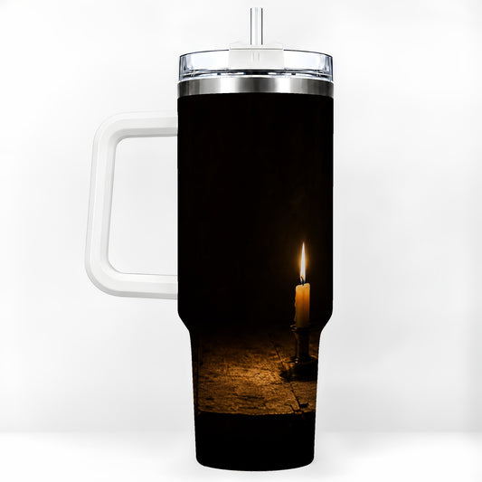 Candlelight 40oz Tumbler with Handle, Dark Cozy Still Life