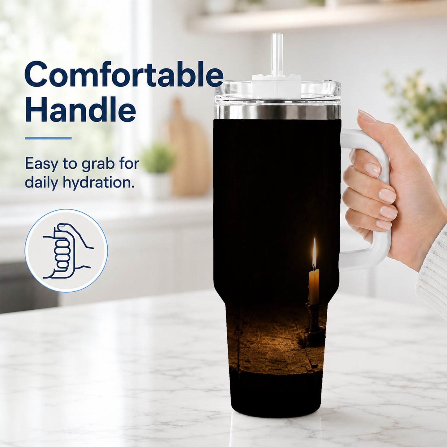 #pl[40oz|White] Candlelight 40oz Tumbler with Handle, Dark Cozy Still Life