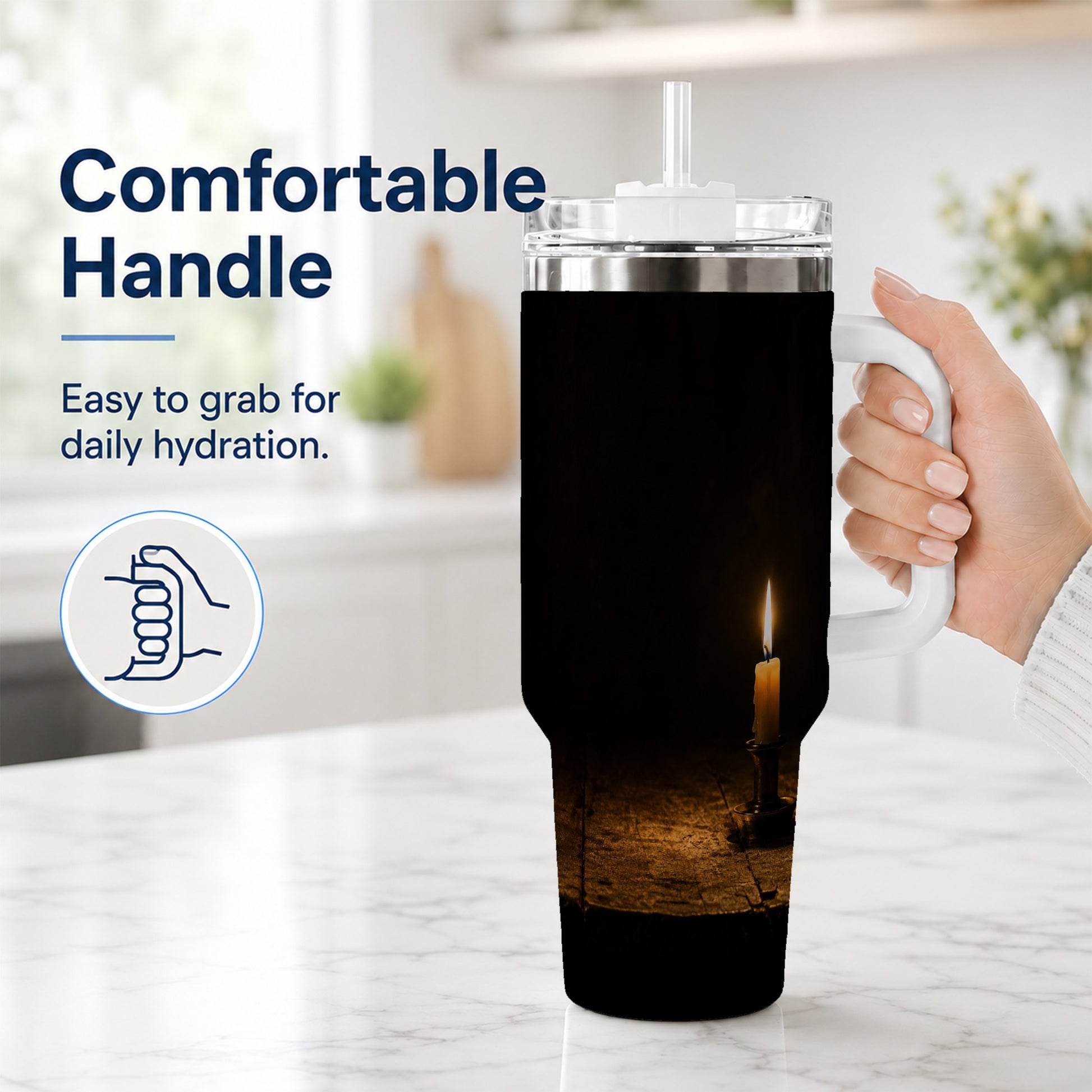 #pl[40oz|White] Candlelight 40oz Tumbler with Handle, Dark Cozy Still Life