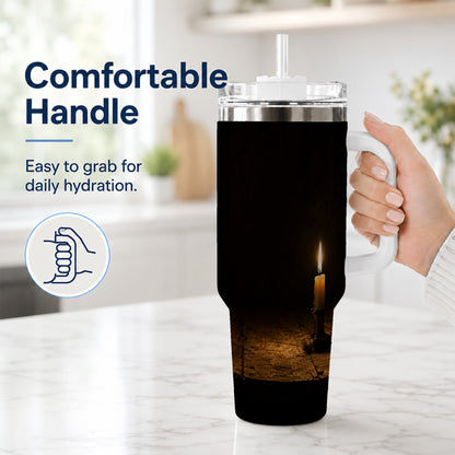 #pl[40oz|White] Candlelight 40oz Tumbler with Handle, Dark Cozy Still Life