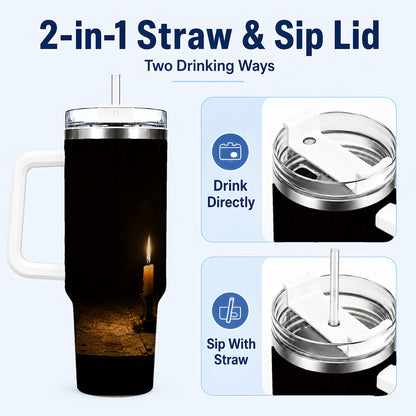 #pl[40oz|White] Candlelight 40oz Tumbler with Handle, Dark Cozy Still Life
