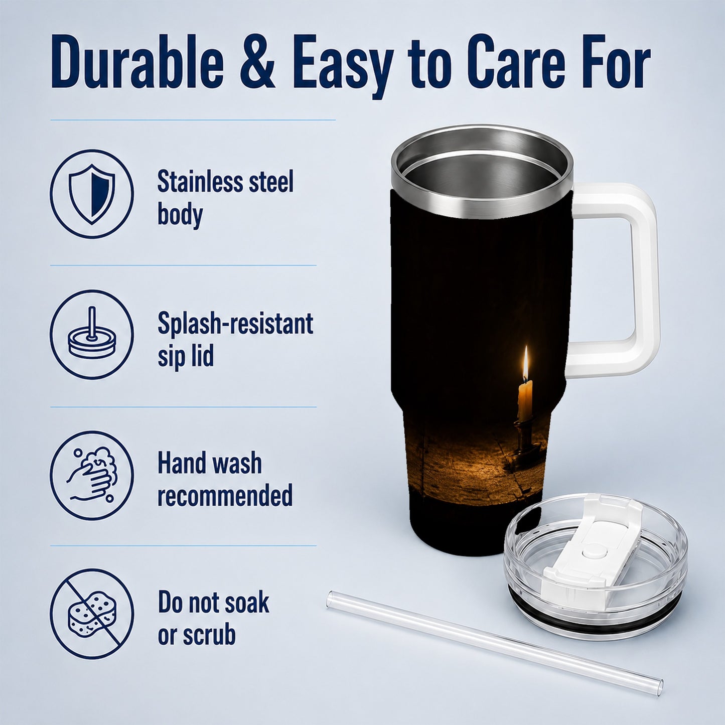 #pl[40oz|White] Candlelight 40oz Tumbler with Handle, Dark Cozy Still Life