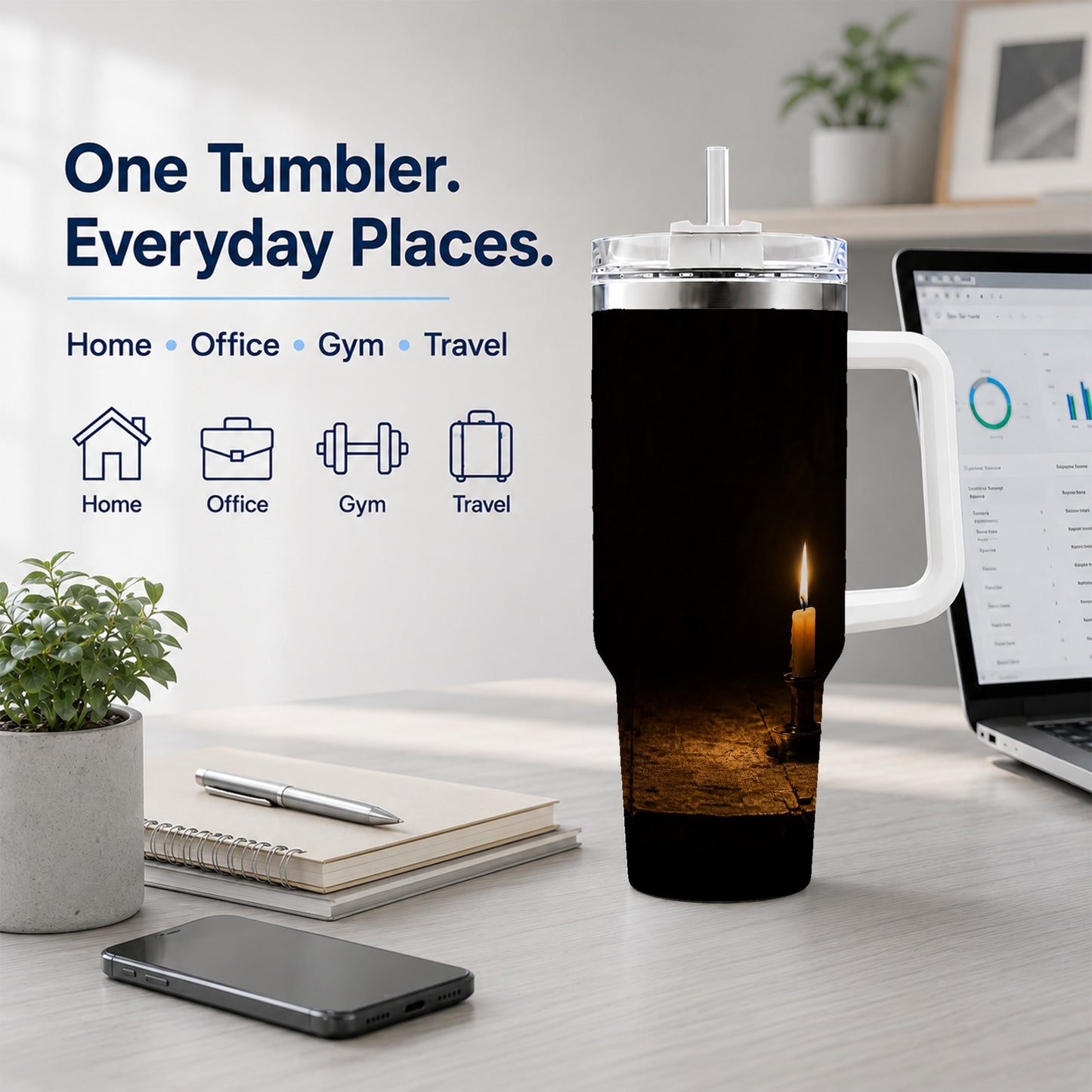 #pl[40oz|White] Candlelight 40oz Tumbler with Handle, Dark Cozy Still Life