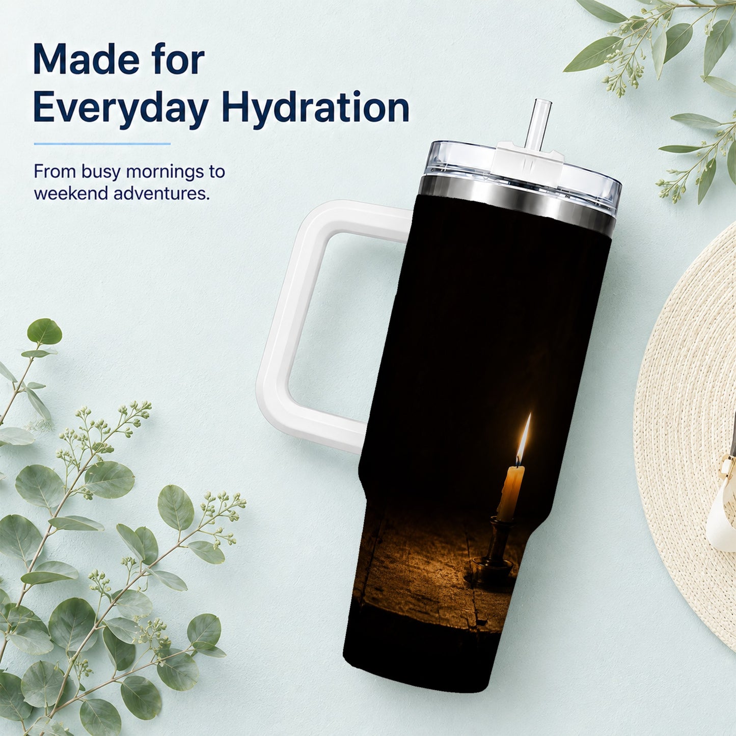#pl[40oz|White] Candlelight 40oz Tumbler with Handle, Dark Cozy Still Life