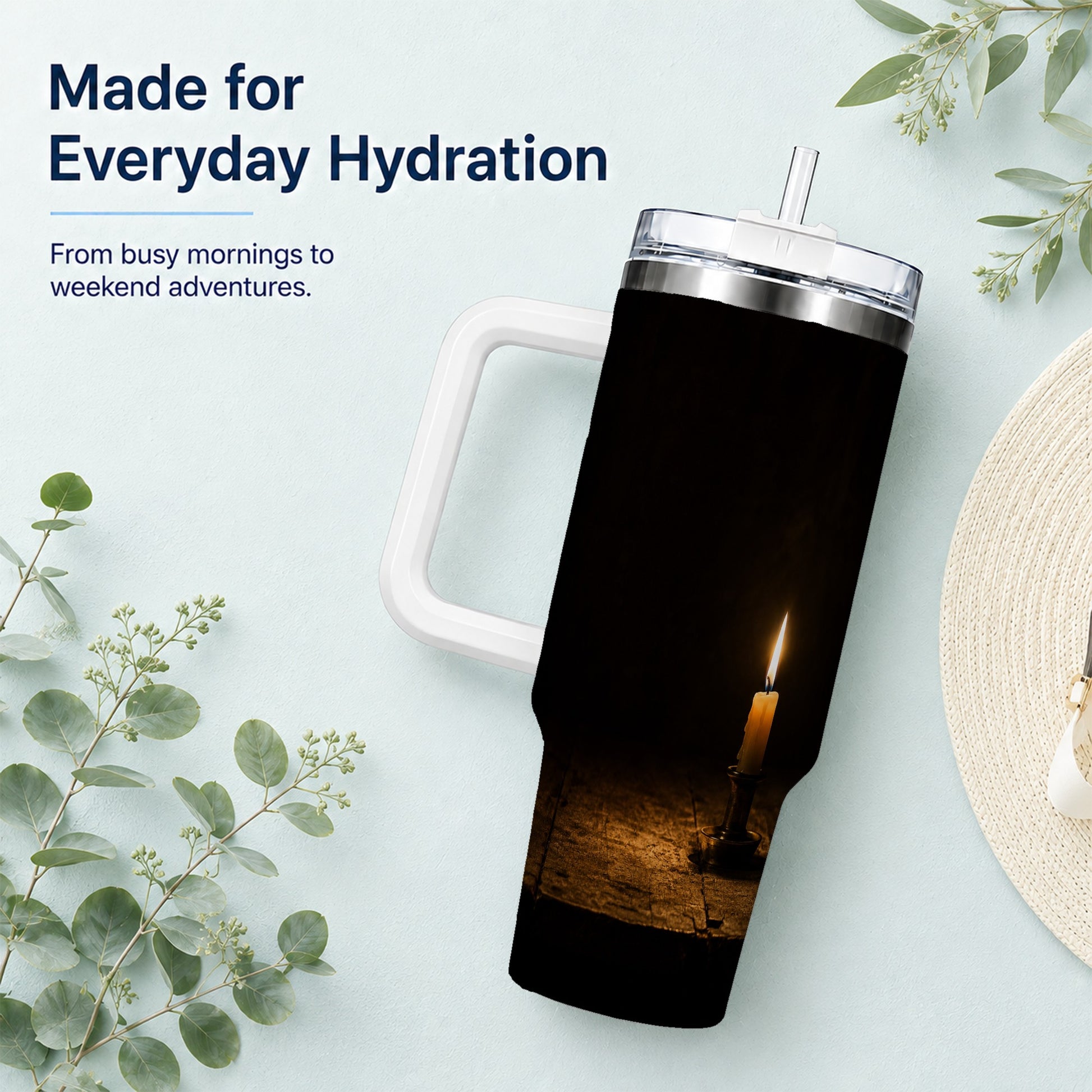 #pl[40oz|White] Candlelight 40oz Tumbler with Handle, Dark Cozy Still Life