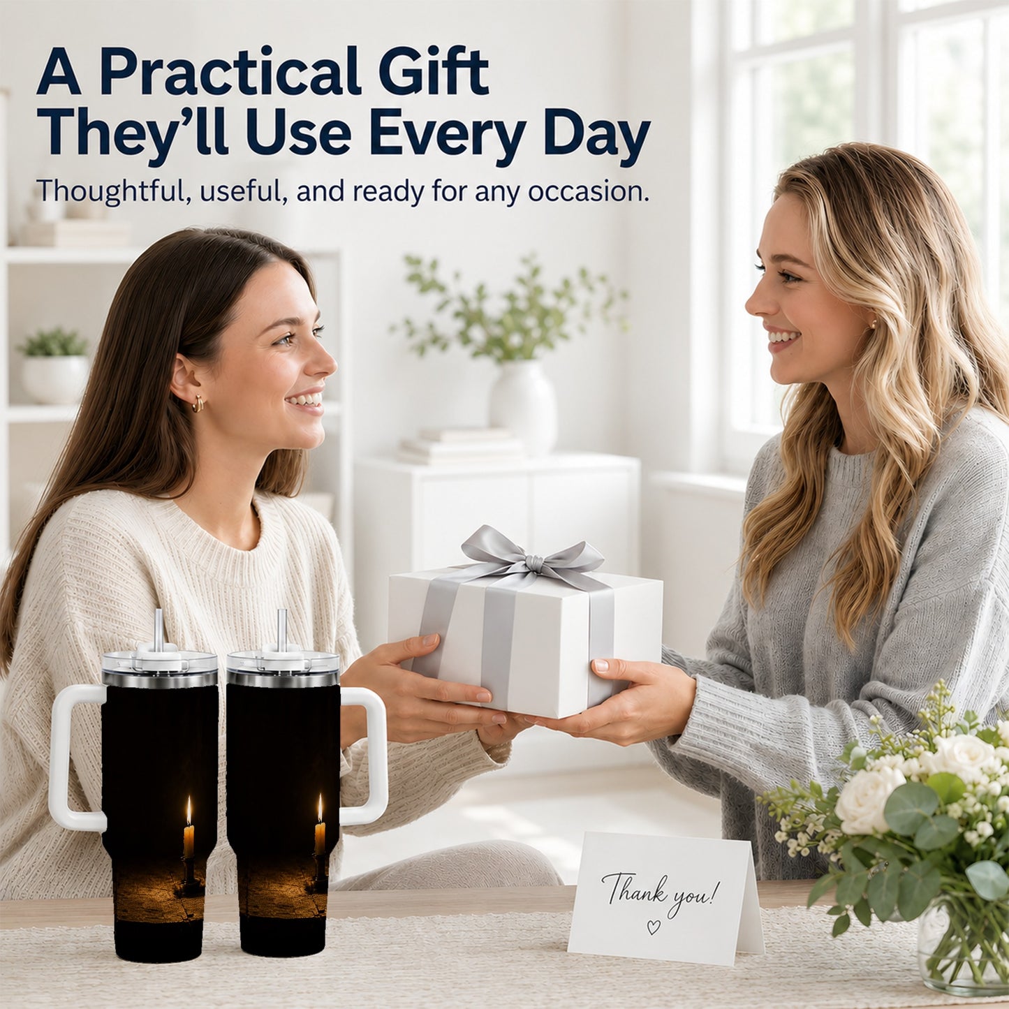 #pl[40oz|White] Candlelight 40oz Tumbler with Handle, Dark Cozy Still Life