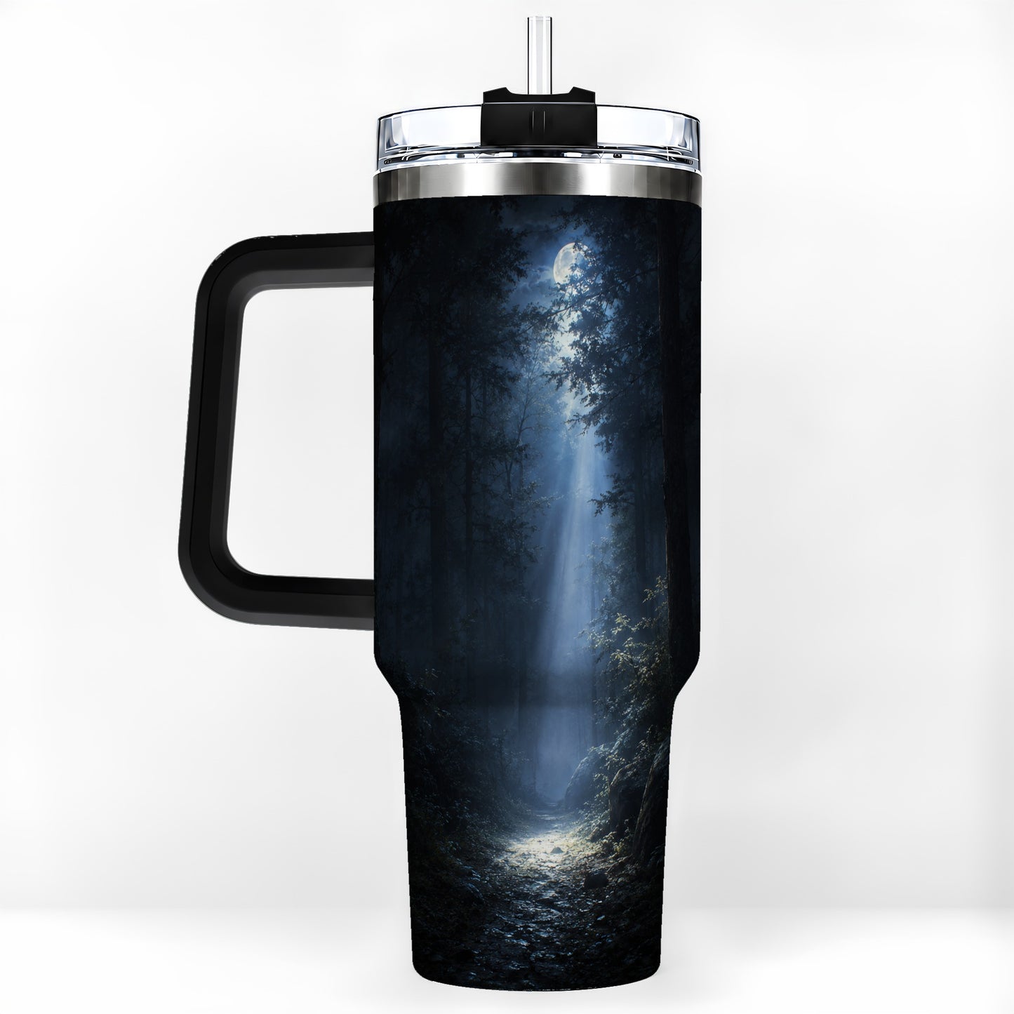 #pl[40oz|Black] Moonlit Forest 40oz Tumbler with Handle, Woodland Night Art