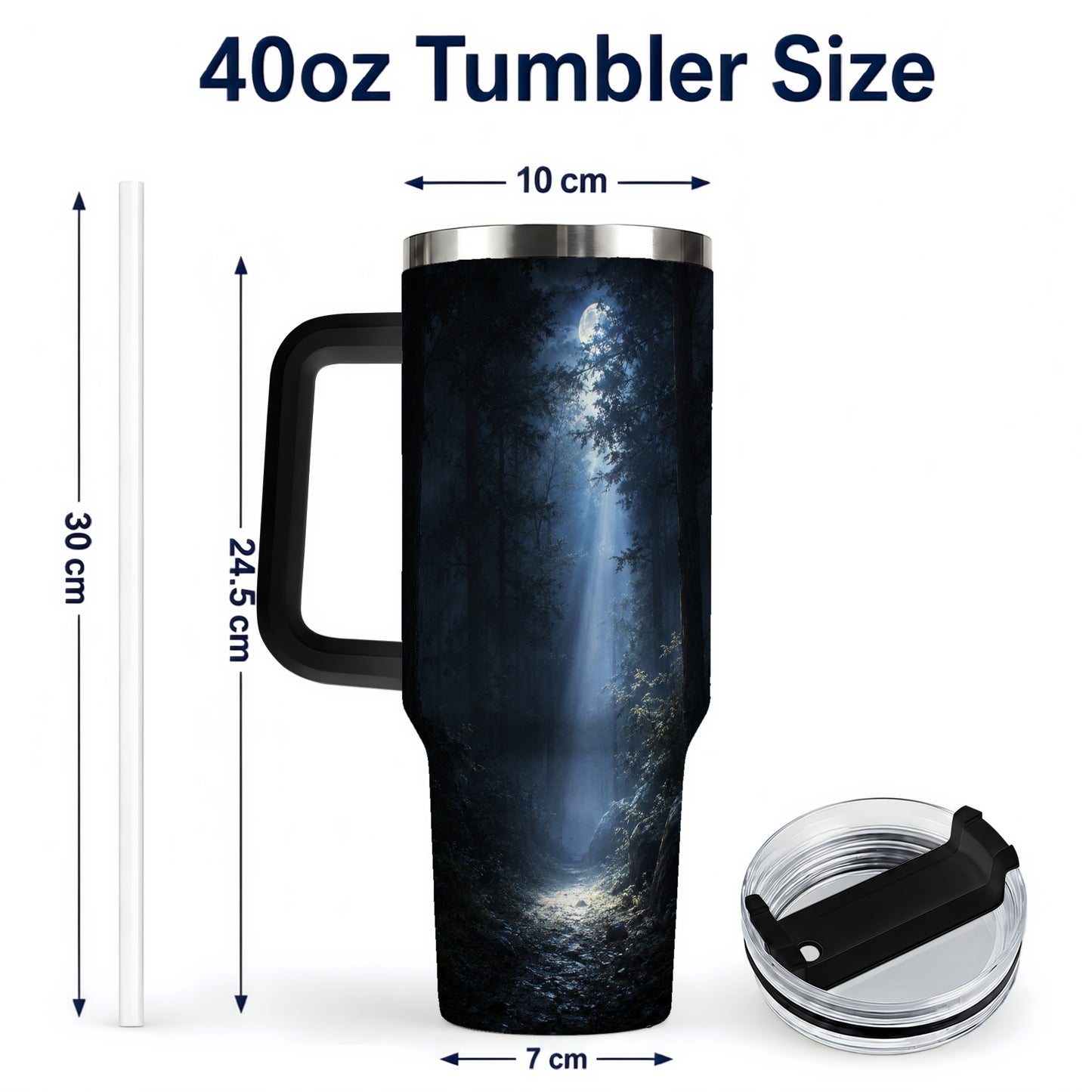 #pl[40oz|Black] Moonlit Forest 40oz Tumbler with Handle, Woodland Night Art