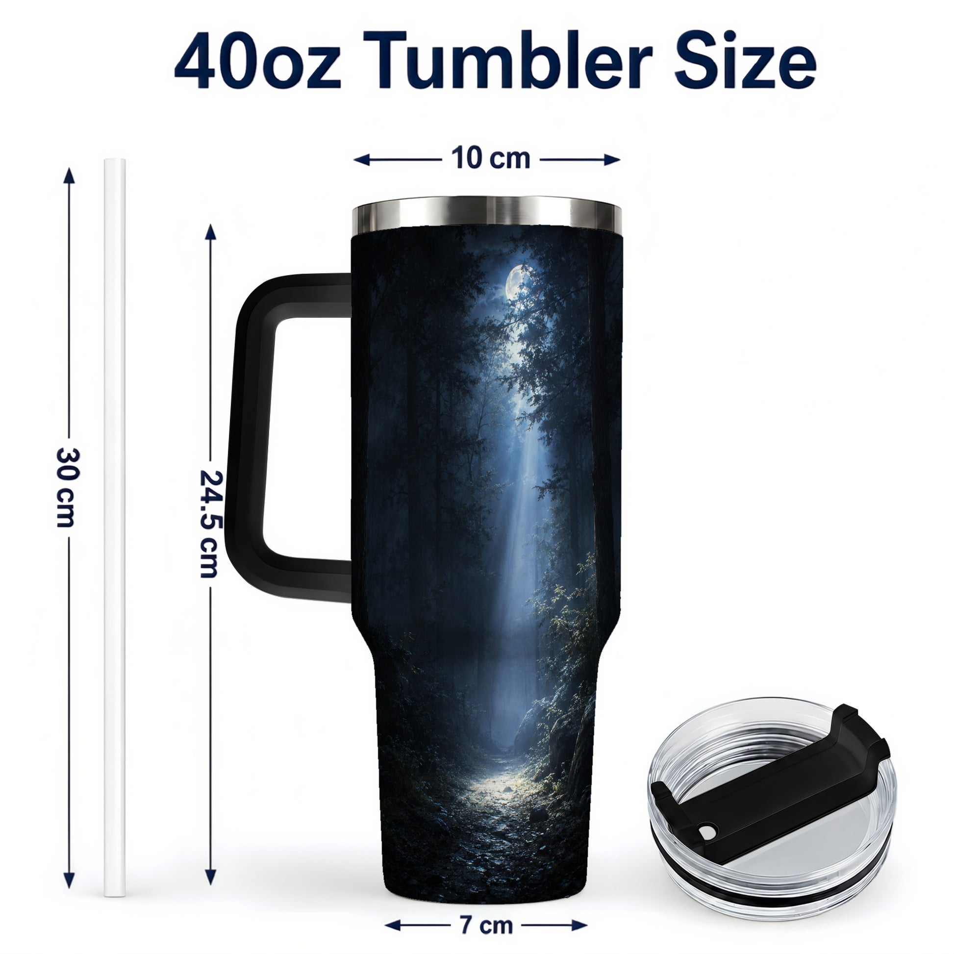 #pl[40oz|Black] Moonlit Forest 40oz Tumbler with Handle, Woodland Night Art