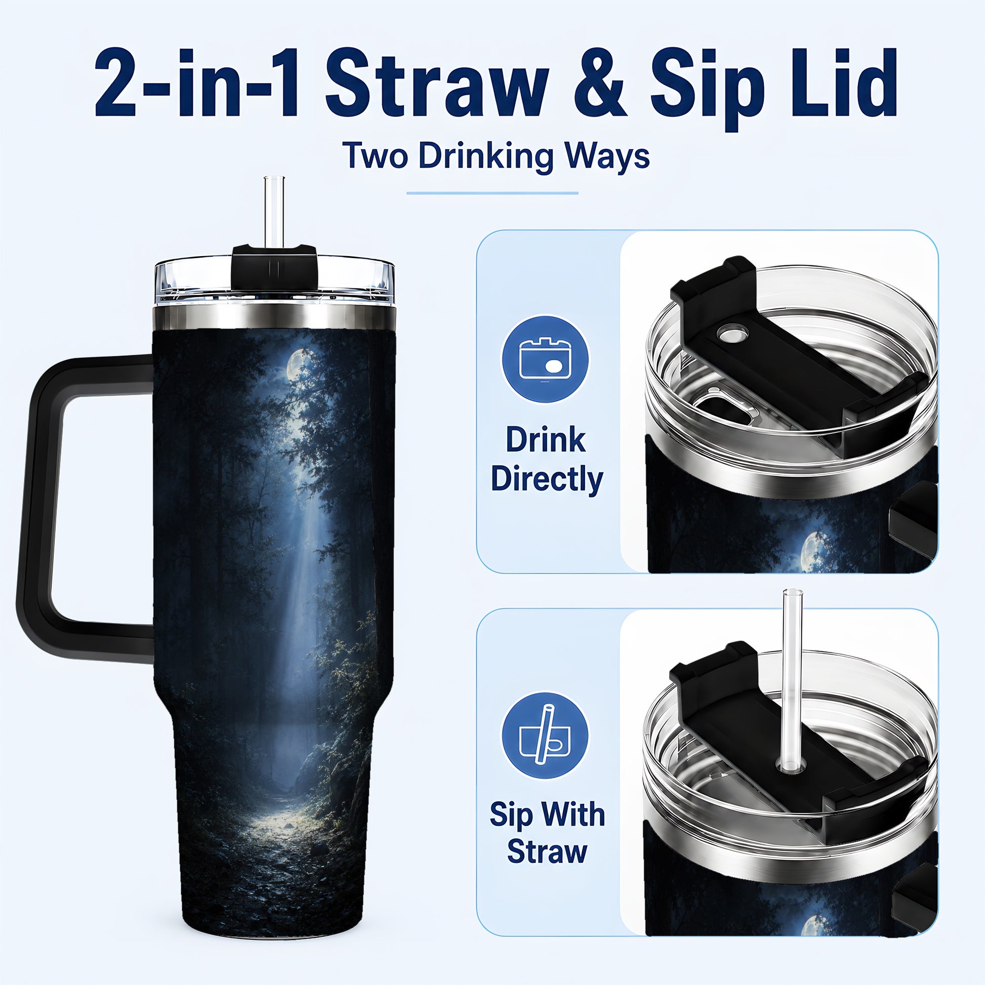 #pl[40oz|Black] Moonlit Forest 40oz Tumbler with Handle, Woodland Night Art