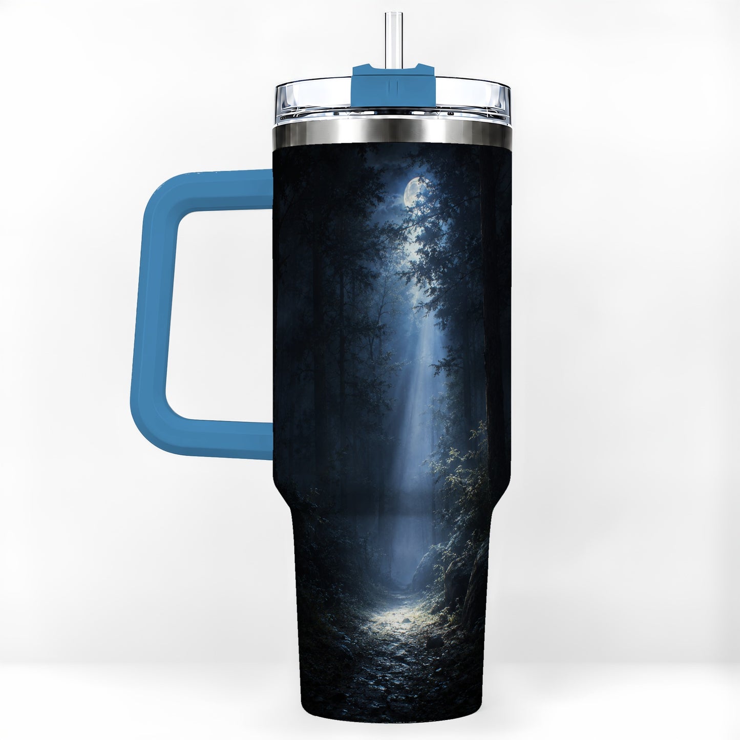 #pl[40oz|Blue] Moonlit Forest 40oz Tumbler with Handle, Woodland Night Art
