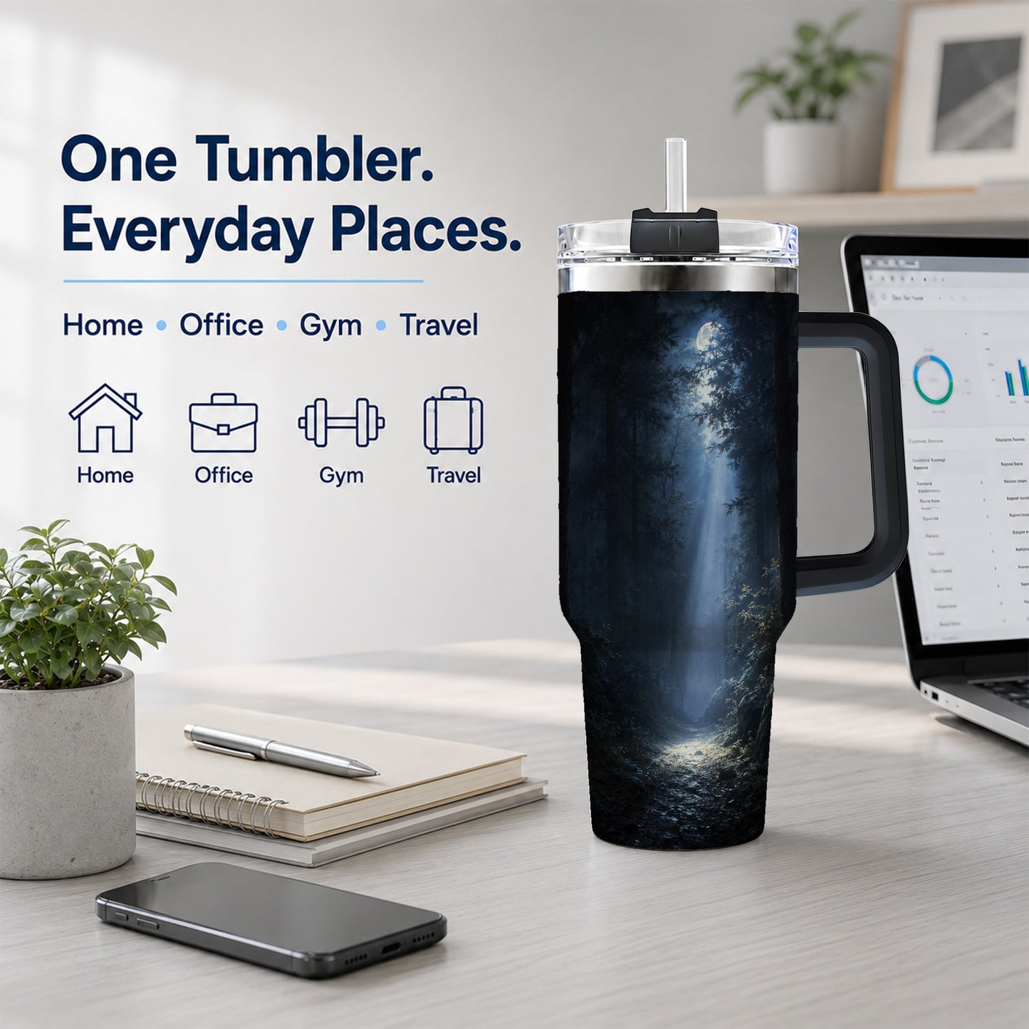 #pl[40oz|Black] Moonlit Forest 40oz Tumbler with Handle, Woodland Night Art