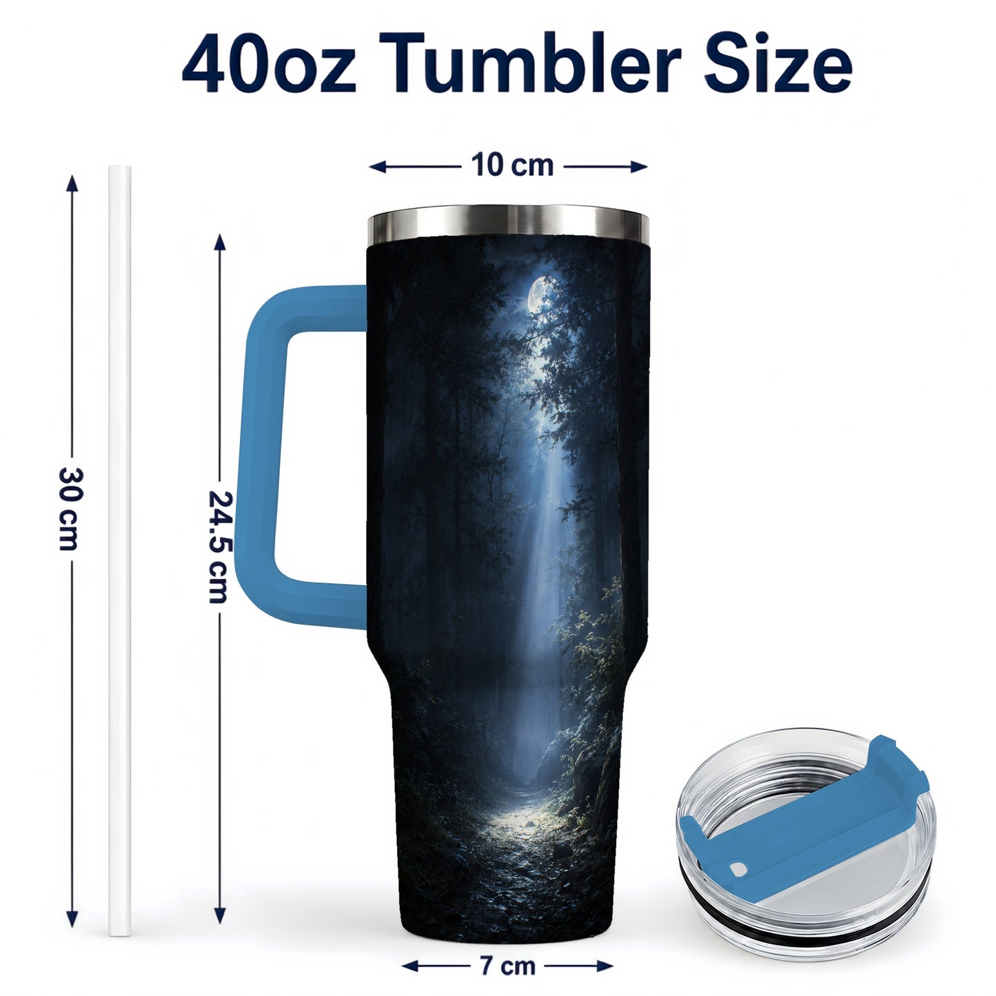 #pl[40oz|Blue] Moonlit Forest 40oz Tumbler with Handle, Woodland Night Art