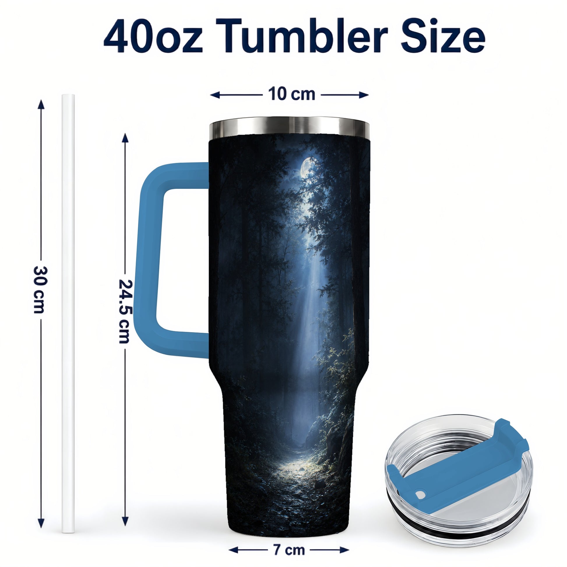 #pl[40oz|Blue] Moonlit Forest 40oz Tumbler with Handle, Woodland Night Art