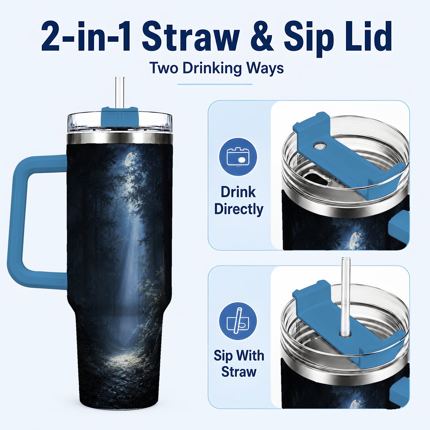 #pl[40oz|Blue] Moonlit Forest 40oz Tumbler with Handle, Woodland Night Art