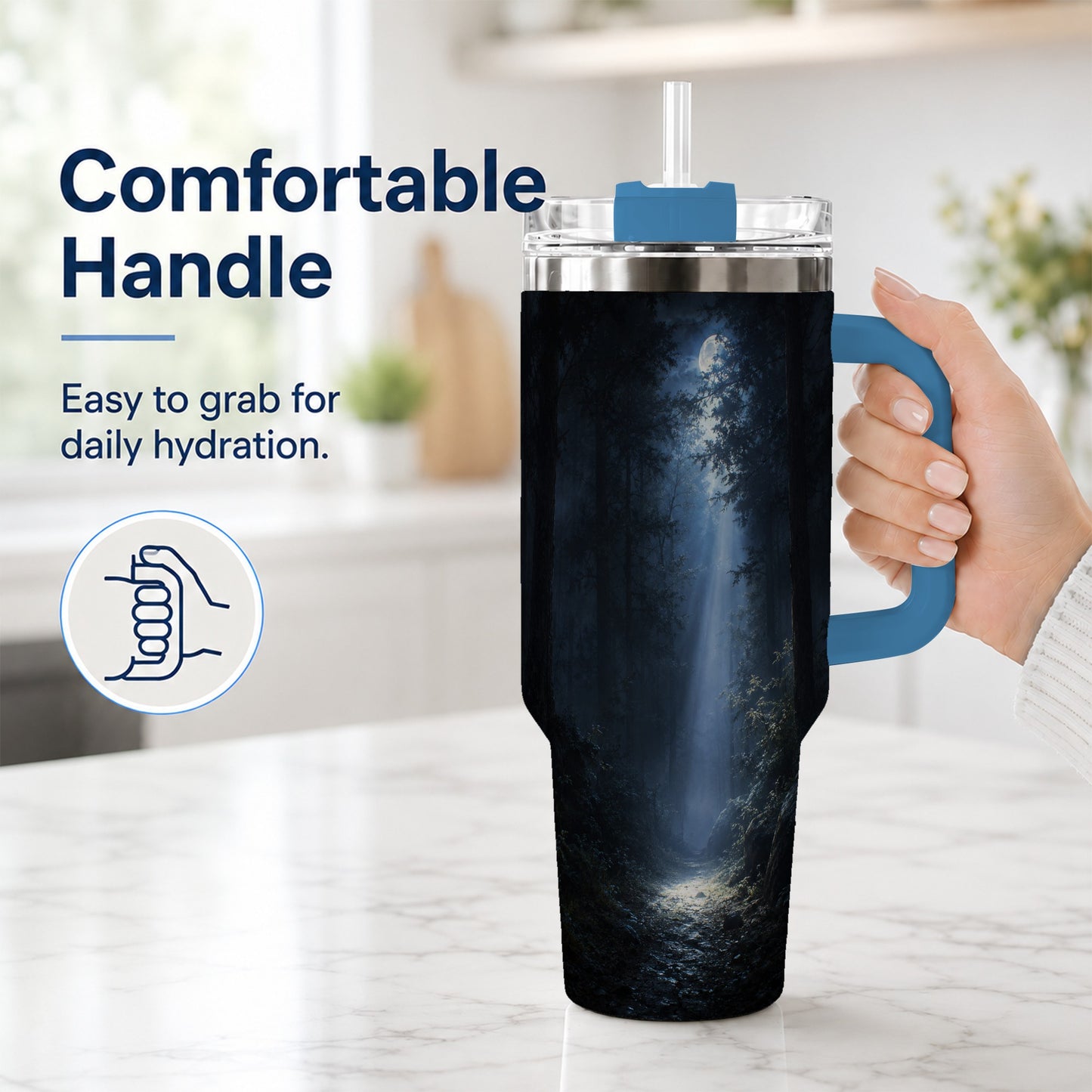 #pl[40oz|Blue] Moonlit Forest 40oz Tumbler with Handle, Woodland Night Art