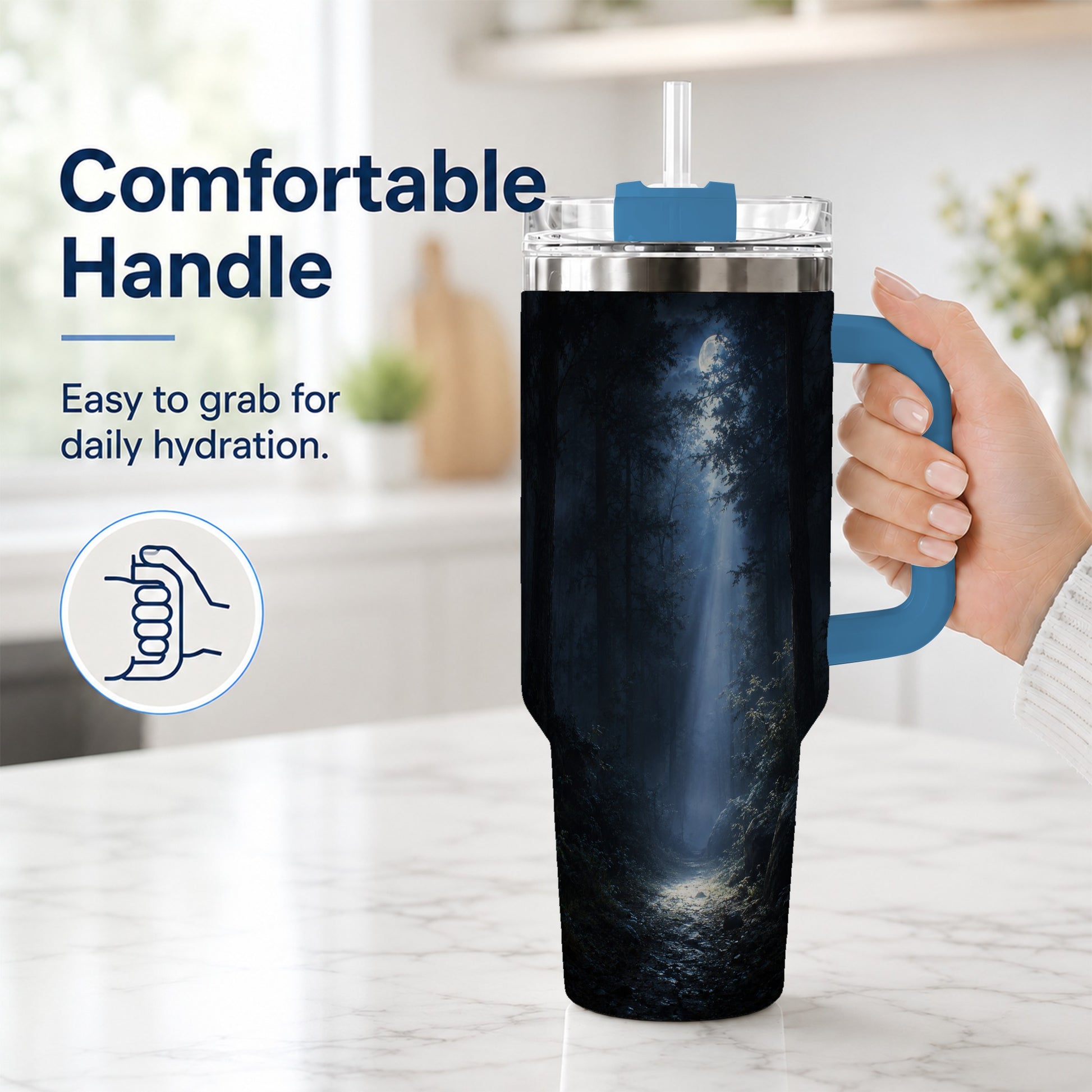 #pl[40oz|Blue] Moonlit Forest 40oz Tumbler with Handle, Woodland Night Art
