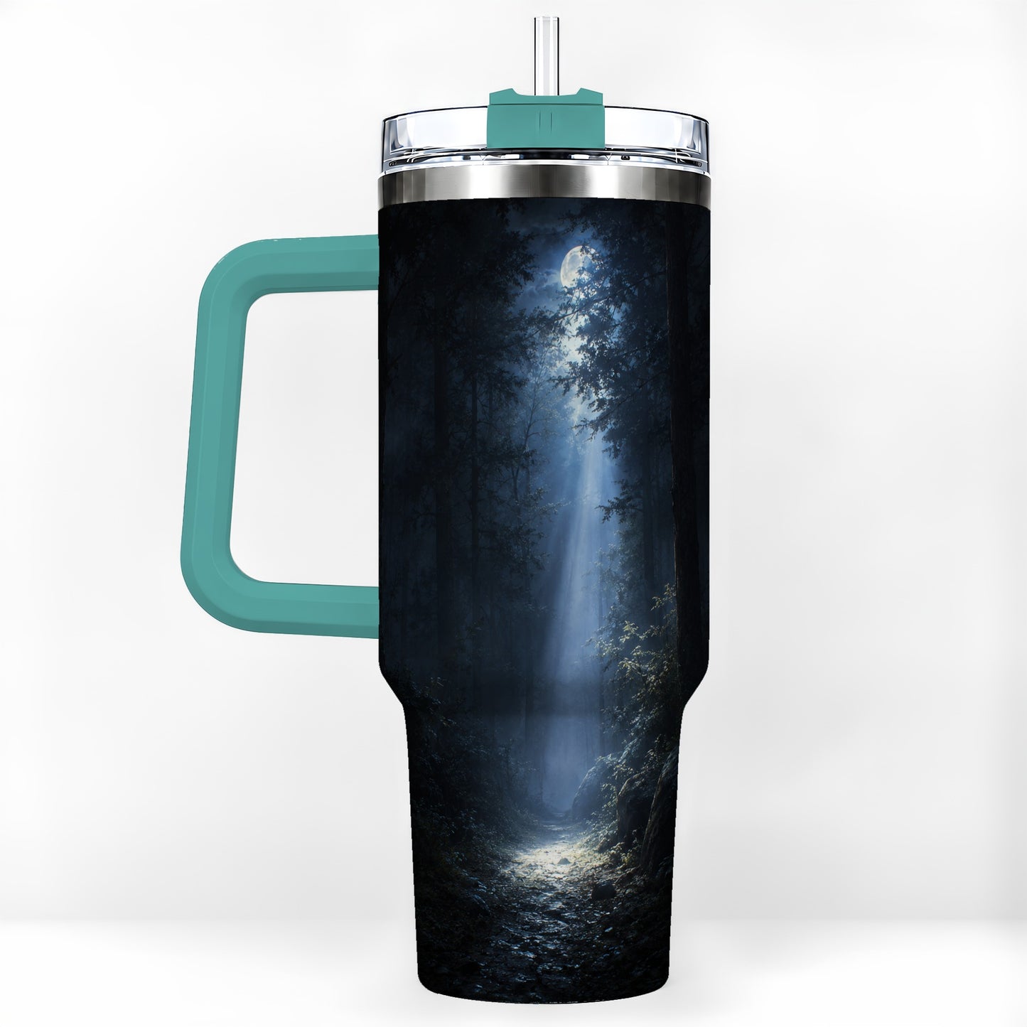 #pl[40oz|Green] Moonlit Forest 40oz Tumbler with Handle, Woodland Night Art